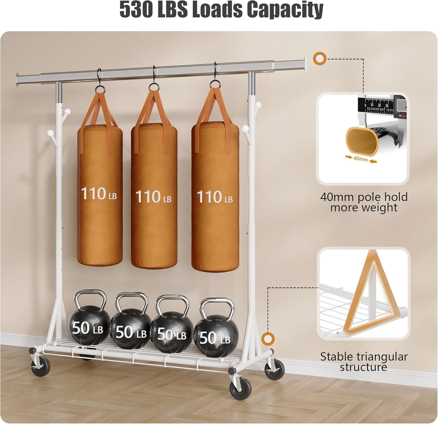 Heavy Duty Clothes Rack, 530 lbs Load Capacity Metal Garment Rack on Wheels - Collapsible Adjustable Portable Storage with Hooks, White