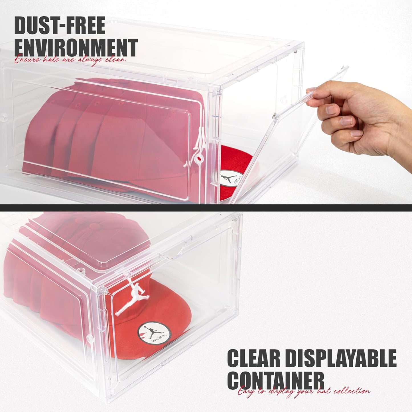 6 Pack Hat Organizer Box, Stackable Clear Baseball Caps Holder Box Containers with Magnetic Door for Hats Snapback Cap Storag, Hat Rack Display Case, Holds 8 Hats Each (Clear)