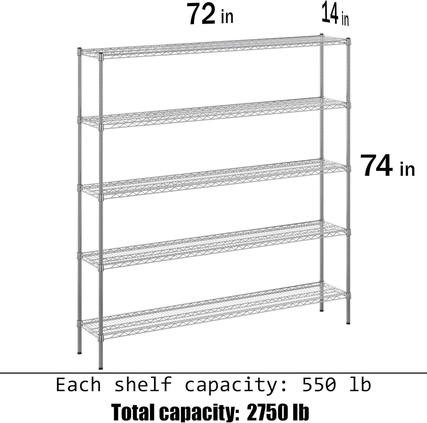 14" Deep x 72" Wide x 74" Height Wire Shelving Kit | 5-Tier | NSF Commercial Storage Rack Unit