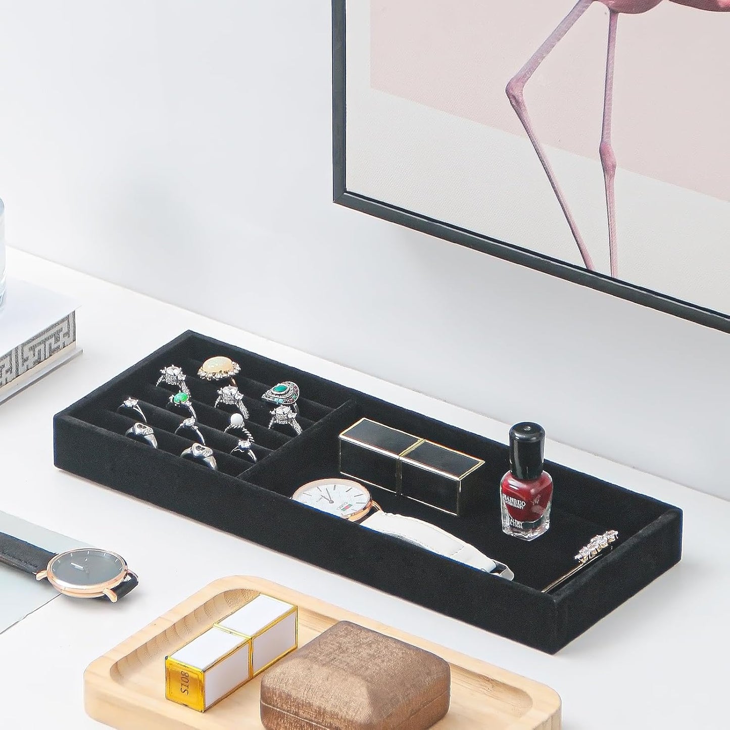Divided Drawer Organizer - Velvet Jewelry Storage Tray for Necklace, Bracelet, Ring, Earring Display - Bedside Nightstand Desk Holder for Phone, Watch, Sunglasses, Cosmetics Storage - Black, 2 Grid