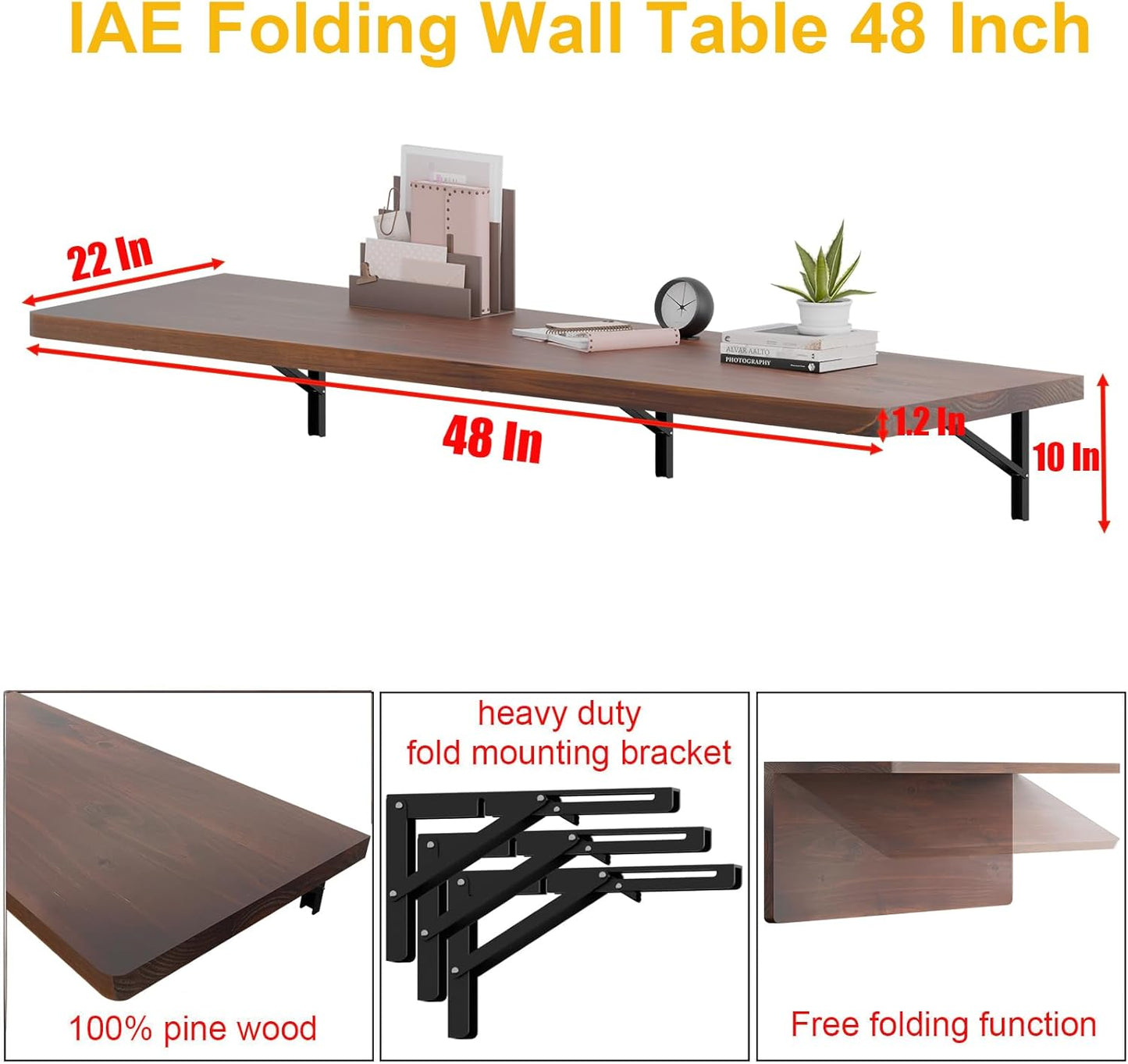 IAE Floating Wall Mounted Folding Table Desk with Pine Wood,48" x 22" Foldable Workbench,Fold Down Wall Mounted Foldable Desk with Shelf Brackets,Laundry Folding Table for Home,Dining,Kitchen,Brown