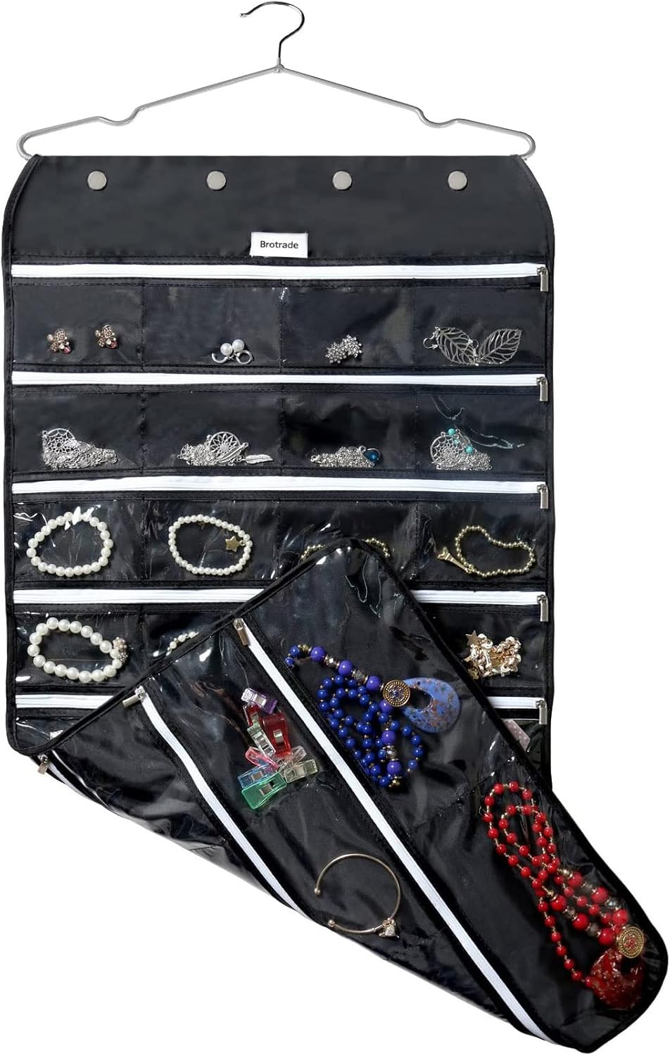 BB Brotrade Hanging Jewelry Organizer,Accessories Organizer,56 Zipper Pocket Organizer for Holding Jewelries (Black-Zipper)