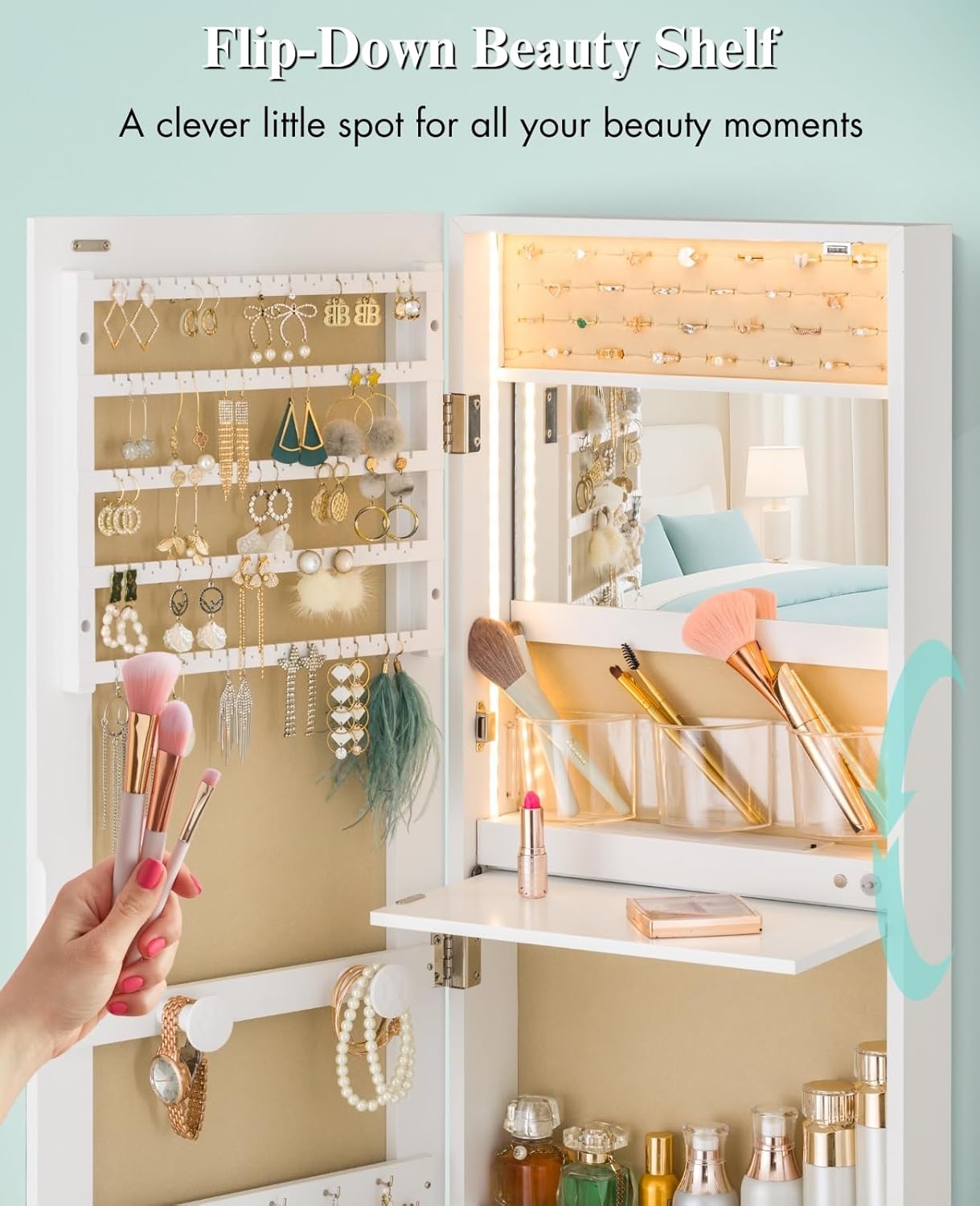 LUXFURNI Mirror Jewelry Cabinet Wall Mounted with lights, 42" Tall Over The Door Hanging Jewelry Armoire, 3 Color Modes Jewelry Mirror Storage, Vanity Table with Interior Mirror, White