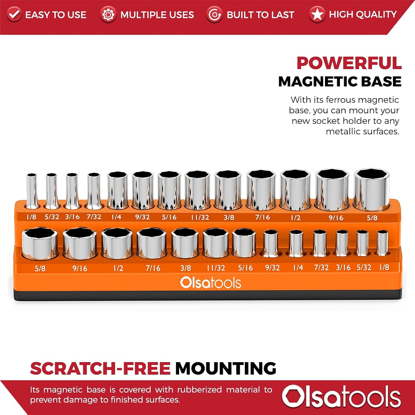 Olsa Tools Magnetic Socket Organizer | 1/4-inch Drive | SAE Orange | Holds 26 Sockets | Professional Quality Tools Organizer