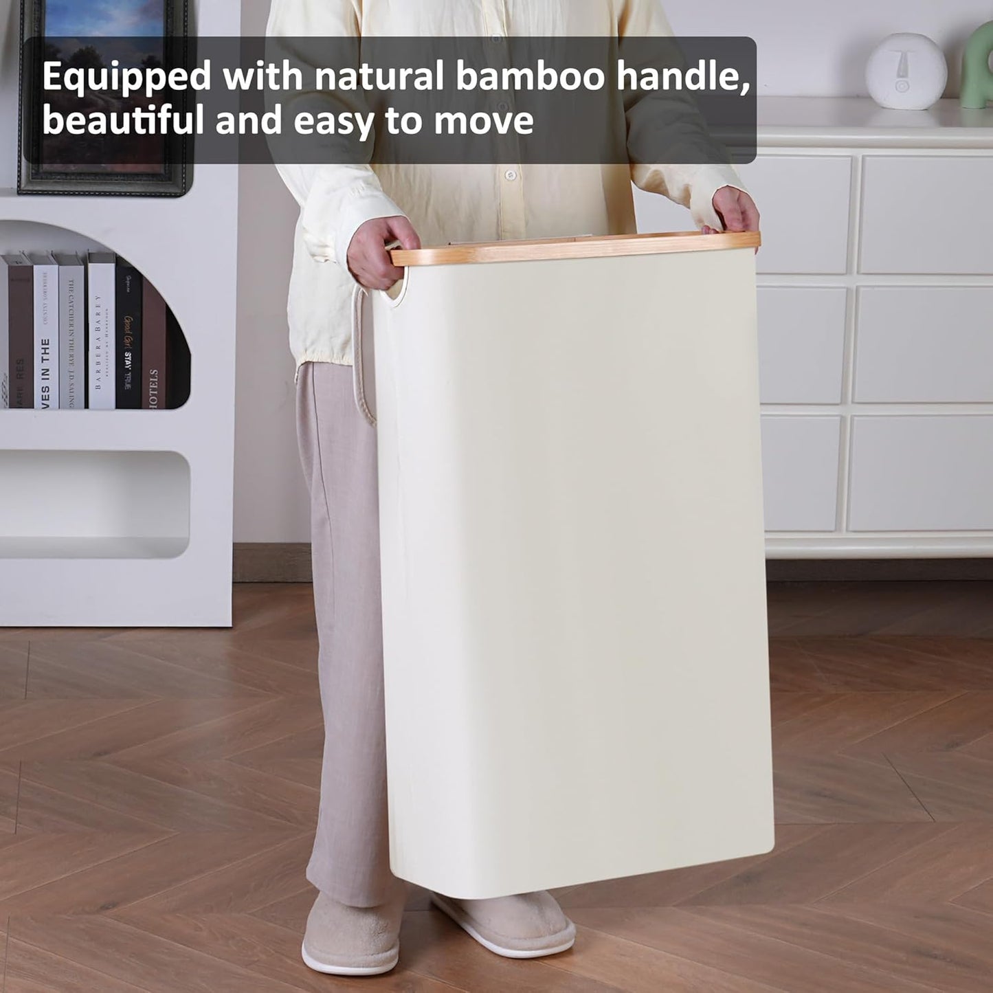 Slim Laundry Hamper,Narrow laundry Hamper with Lid,60L Hamper for Laundry,Dirty Cloth Hamper with Bamboo Handle for Toys,Towels, Clothes Organizing,Beige