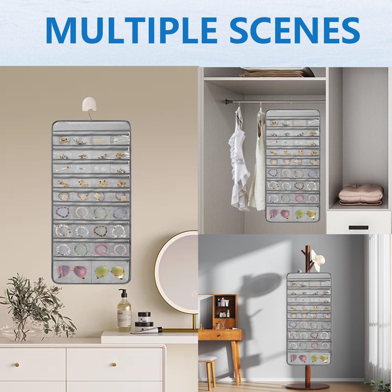 Travel Jewelry Organizer Dual Sided Hanging Earring Holder Bracelet Storage Rolls Rings Display Case with 68 Zippered Pockets (GREY)