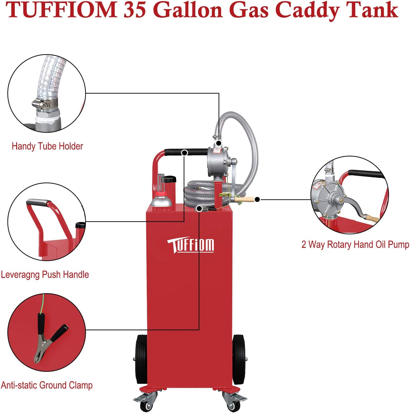 TUFFIOM 35 Gallon Fuel Gas Caddy w/Wheels & Manual Siphon Pump, Portable Diesel Fuel Transfer Storage Tank w/11.9ft Hose, Gasoline Can Container for ATV Car Mowers Tractor Boat Motorcycle
