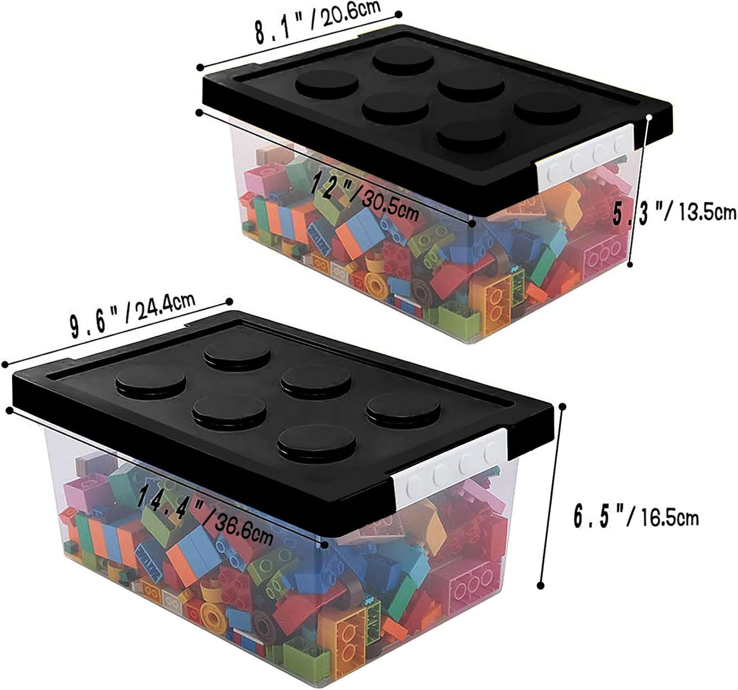 loobuu Plastic Storage Bins with Lids - Stackable Toy Storage Organizer Box Set of 2, Toy Chests with Compatible Building Baseplate and Lid, Storage Container for Building Bricks & Toys- Black