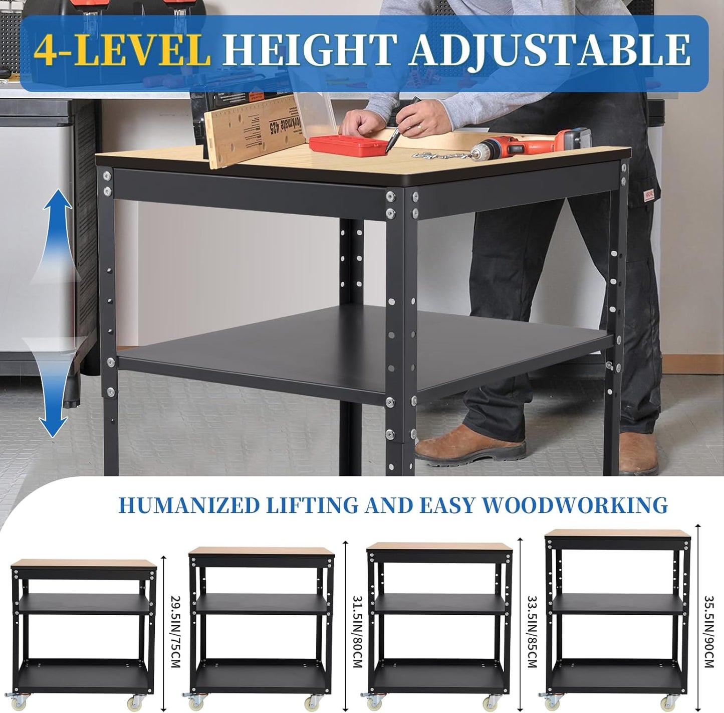 Adjustable Planer Stand with Wheels, Heavy Duty Planer Table for Miter Saw, Table Saw, and Power Tools, 500 lbs Capacity 3-Tier Steel Tool Stand with Storage Shelves for Workshop & Garage