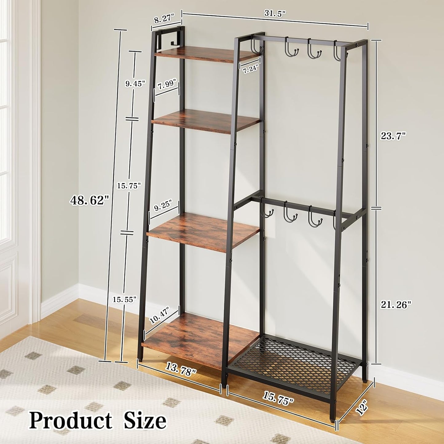 Purse Storage Organizer for Closet, 4-Tier Iron Wood Purse Rack, 8 Purse Hooks & 2 Side Hooks for Bag Organizer, Large Capacity Handbag Storage Rack for Home, Living Room