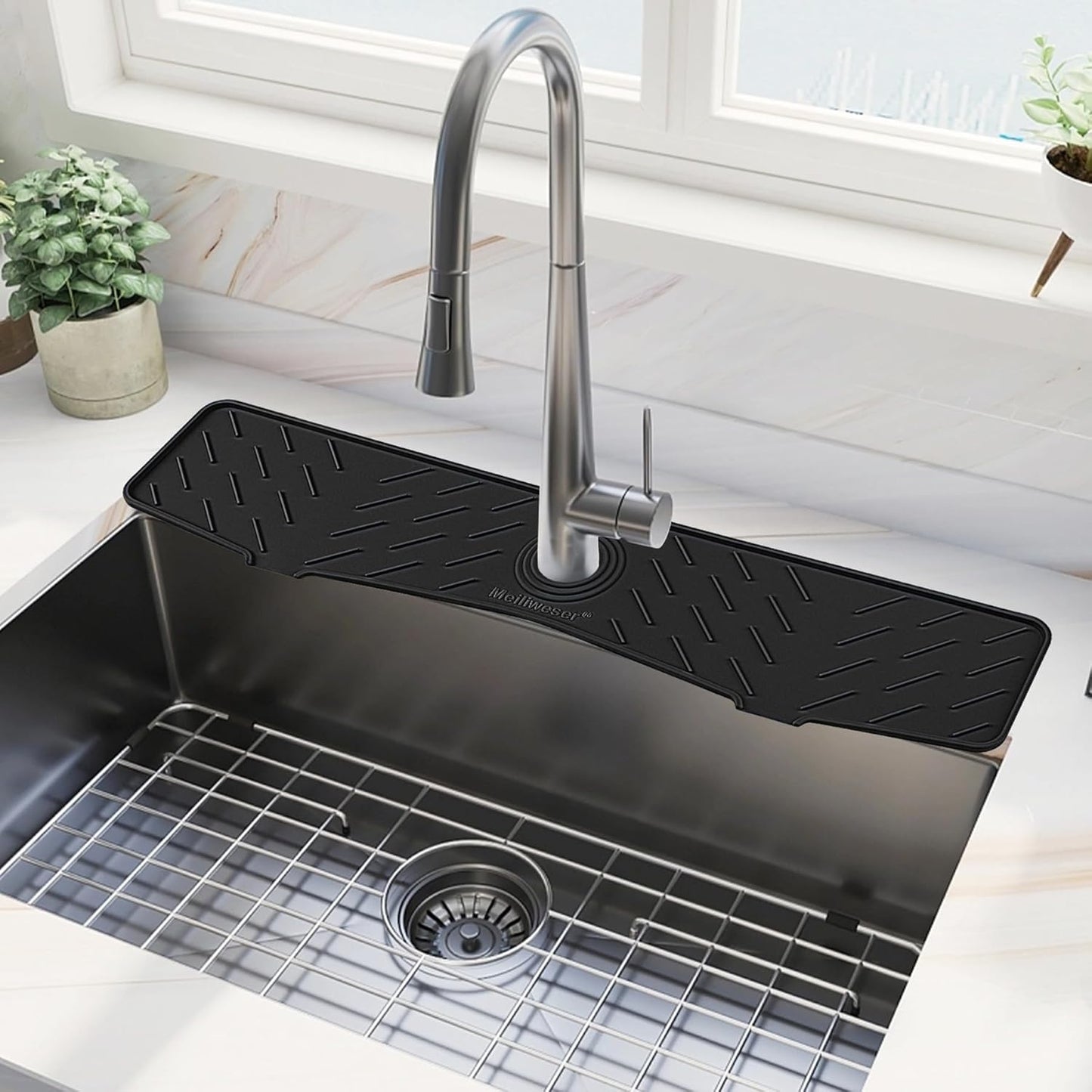 Meiliweser Faucet Mat for Kitchen Sink – 24” x 5.1” Extra-Long Silicone Splash Guard with 10° Slope & Upgraded Drainage – Gen 3 Sink Water Catcher & Sponge Holder for Kitchen, Bathroom (Black)