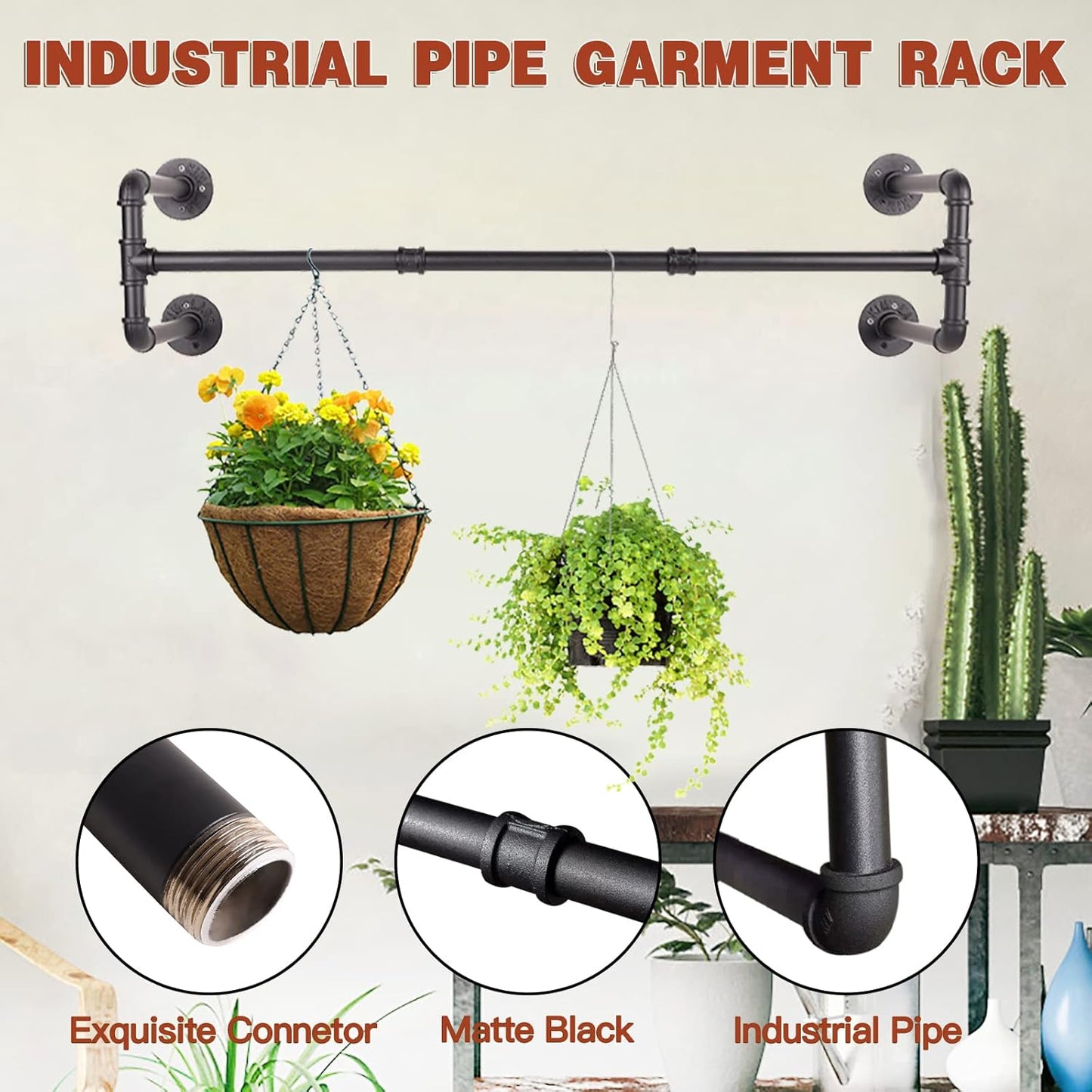 Wall Mounted Clothes Rack - 54" Industrial Pipe Clothing Garment Rack, Space-Saving Heavy Duty Detachable Black Iron Clothes Hanger Pole, Multi-Purpose Hanging Rod for Closet Storage, 4 Base