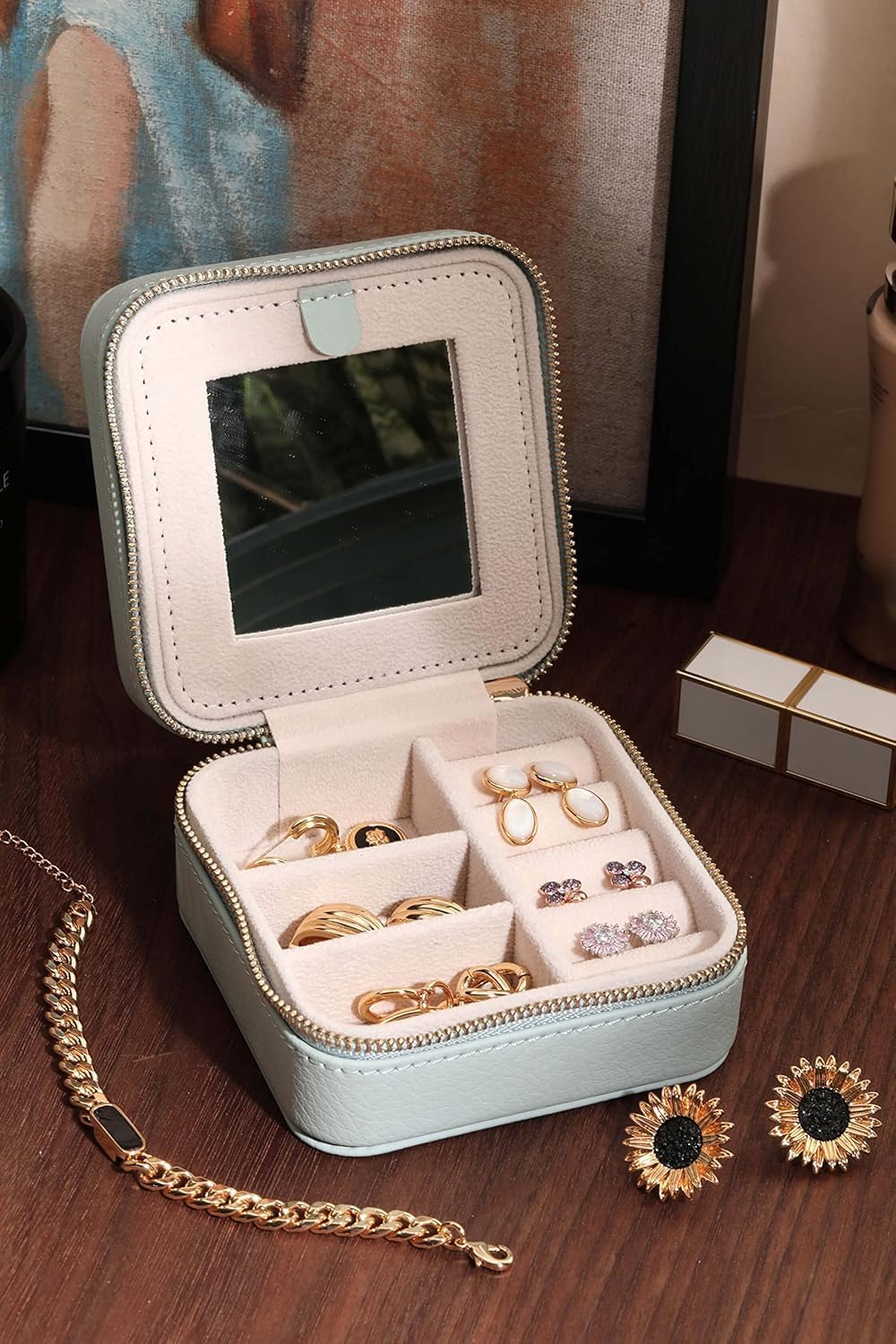 S.Leaf Travel Jewelry Organizer Boxes for Women Small Portable Necklace Earrings Bracelet Rings Travel Case Best Friend Birthday Gifts for Women Trendy (Butterfly_Hazeblue_Blue)