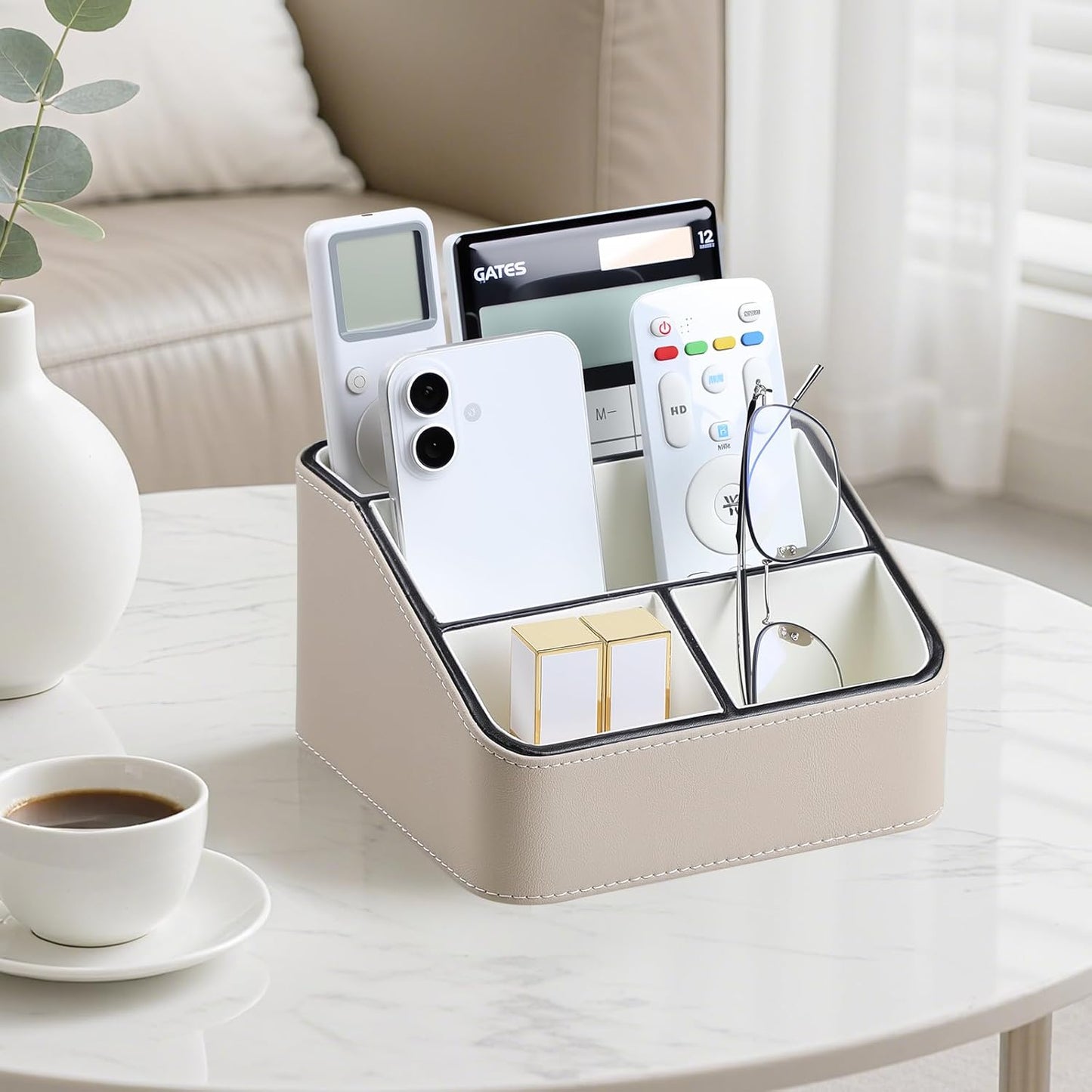 Remote Control Holder, PU Leather Small Desk Organizer with 4 Compartments, Nightstand Organizer Desk Caddy for Remote, Notepad, Phone, Glasses, and Accessories (Beige)