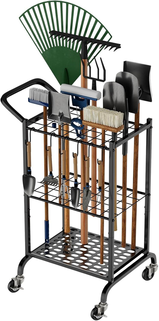 Garden Tool Organizer with Wheels, Yard Tool Tower Rack for Garage Organization and Storage, Up to 35 Long-Handled Tools,Metal Tool Holder with 6 Hooks, Black