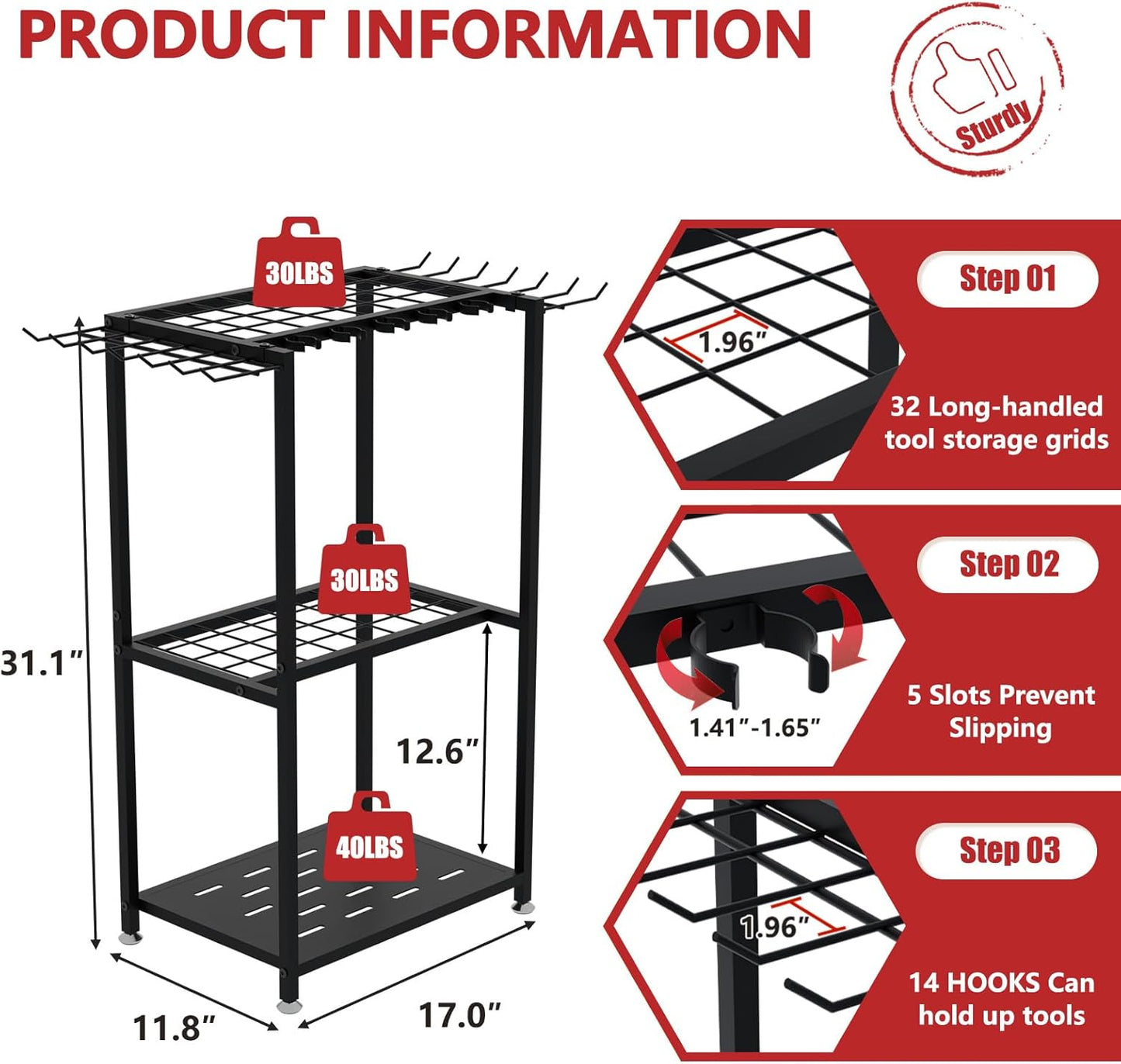 Garden Tool Organizer, 3-Tier Metal Yard Tool Rack with 14 Hooks & 5 Slots, Holds 50+ Rakes/Shovels/Brooms, Heavy Duty Freestanding Lawn Tool Storage for Garage Shed Outdoor Organization