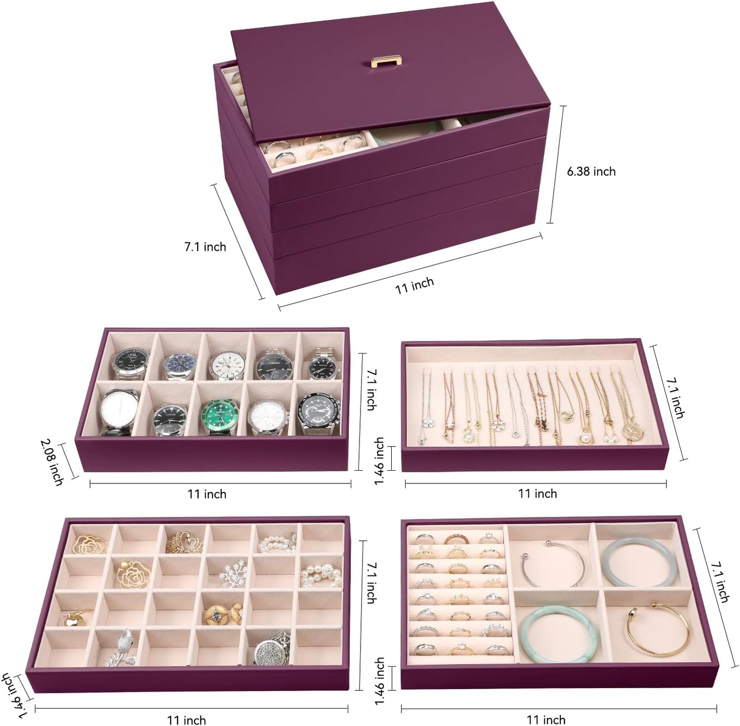 Voova Stackable Jewelry Organizer Tray with Lid, PU Leather Jewelry Storage Holder for Drawer Inserts, Jewellery Display Box Case for Earring Necklace Ring Watch Bracelet (Set of 4, Purple)