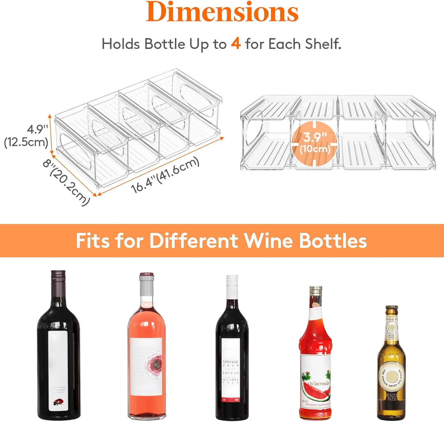 Lifewit Wine Rack for Fridge, Stackable Wine Bottle Holder with Sturdy Support Insert & Reinforced Design, Plastic Bottle Organizer for Refrigerator, Cabinet & Pantry, Clear, Holds 8 Bottles