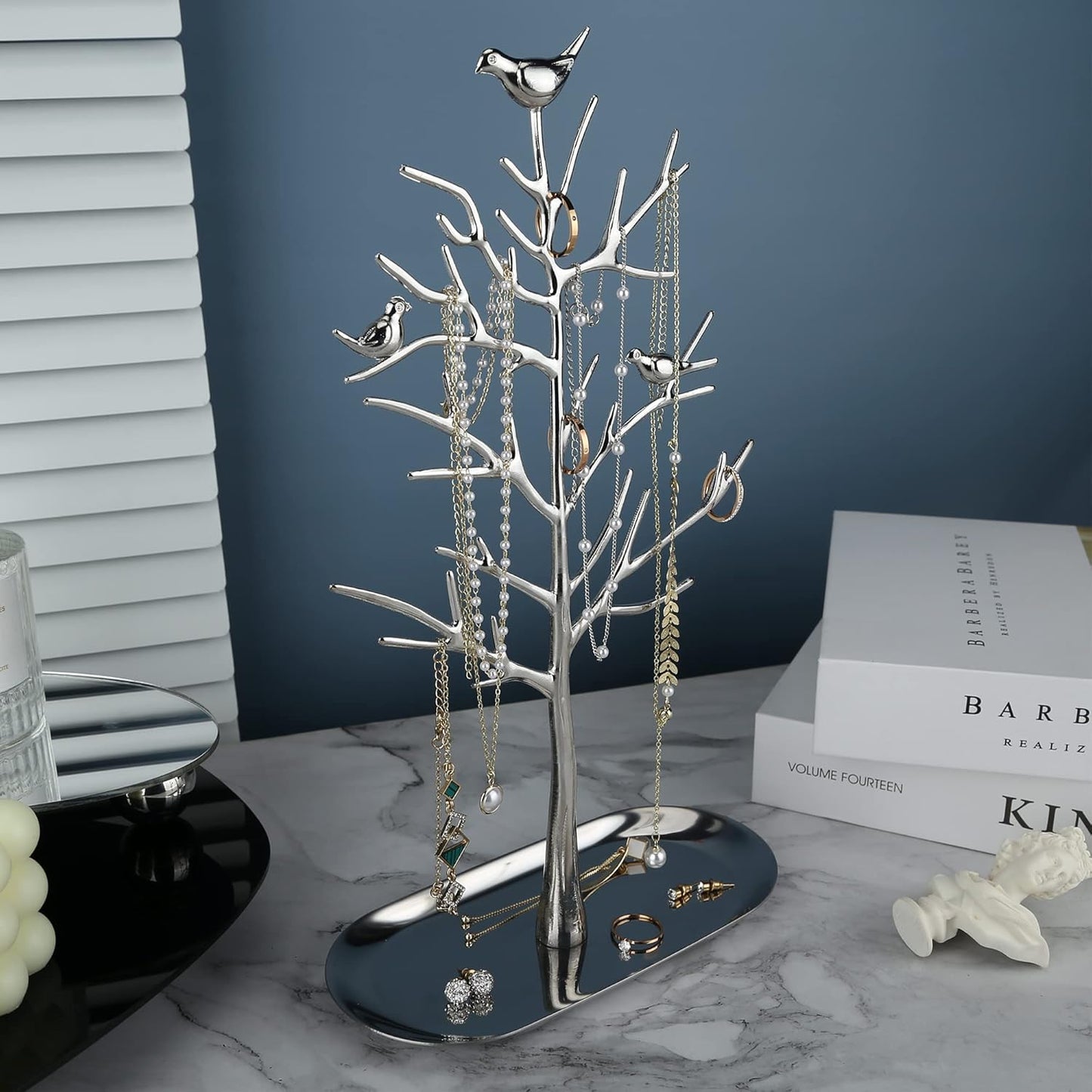 MORE&LESS Branch Jewelry Rack with metal tray,Luxury color,Tree Tower Rack Hanging Organizer for Ring Earrings Necklace Bracelet,Suitable for living rooms, bathrooms,offices,etc.