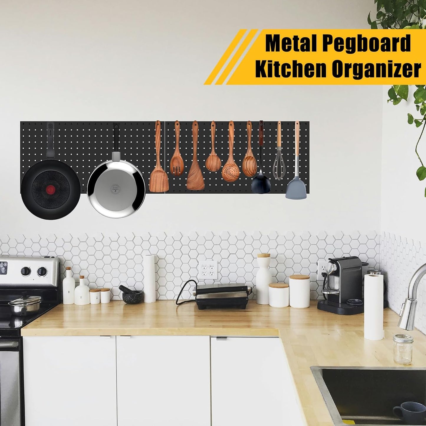 PBHEPJ 6 Pcs Metal Pegboard Panels, Heavy Duty Peg Boards for Garage and Garden Tool Storage, Includes Drywall Anchors and Screws Kits, Black