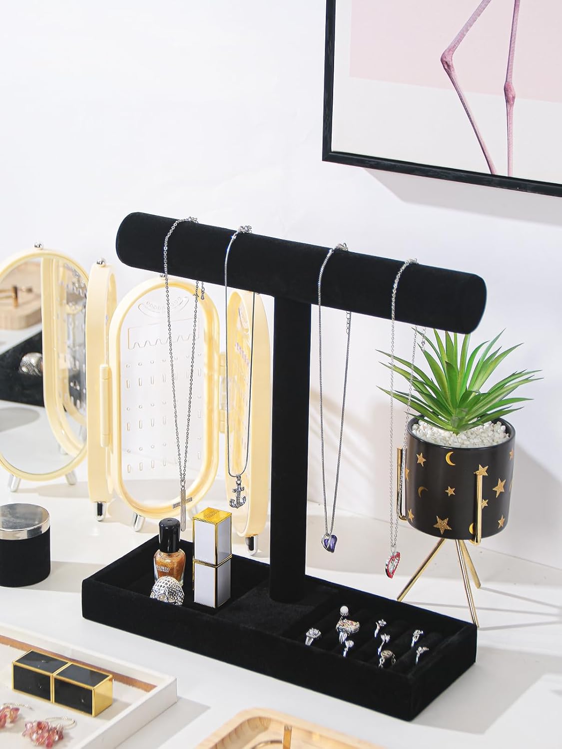 Multi-Use Jewelry Holder Stand, Necklace Bracelet Ring Organizer Stand, Scrunchie Watches Velvet Jewelry Holder Stand With Tray for Women Home Use(Black Color)