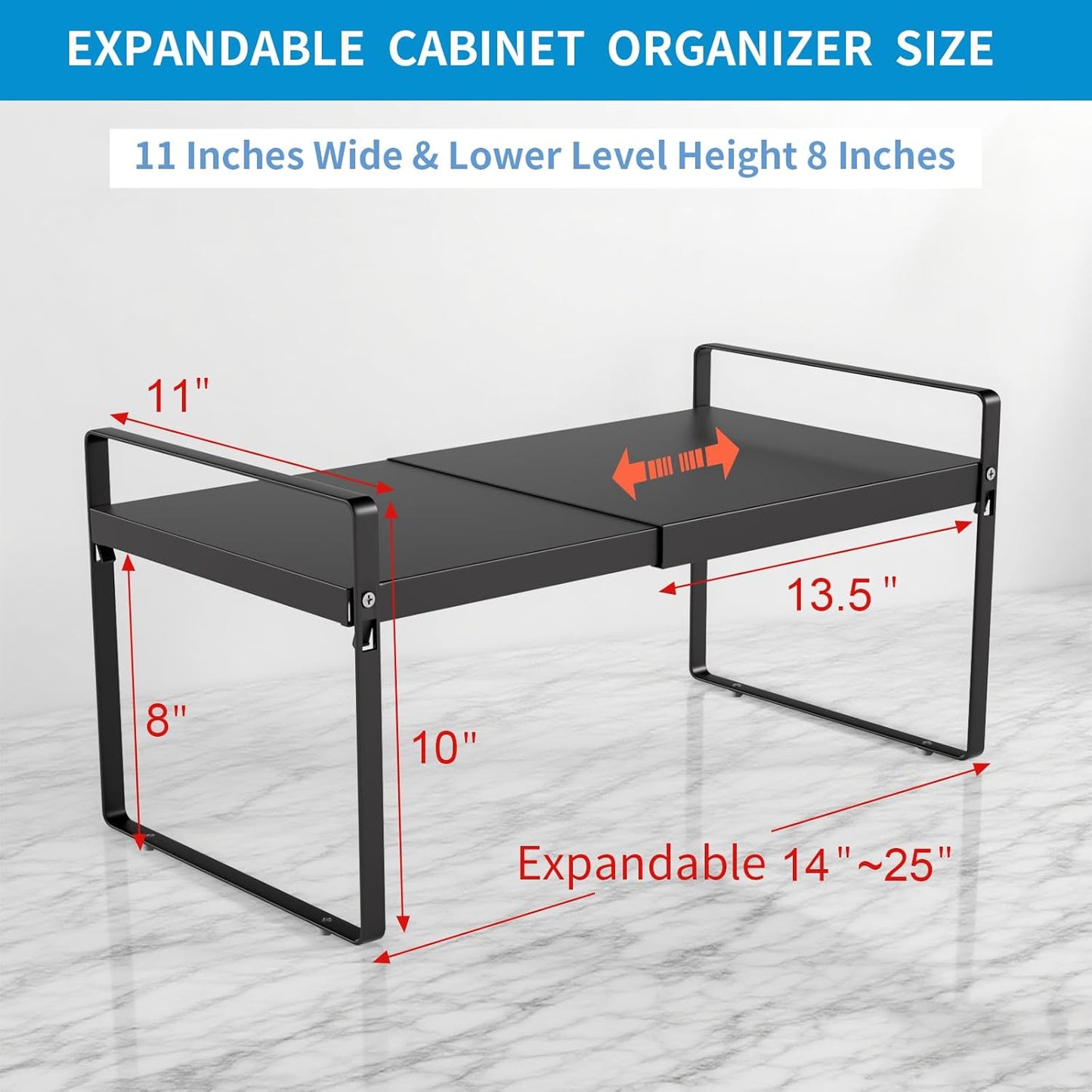 Expandable Cabinet Shelf Organizer 14-25 Inch Adjustable Length, 11" Wide 2-Tier (8" Bottom Layer) Metal Storage Rack for Kitchen Pantry, Under Sink Countertop - Heavy Duty Black(1 Pack)