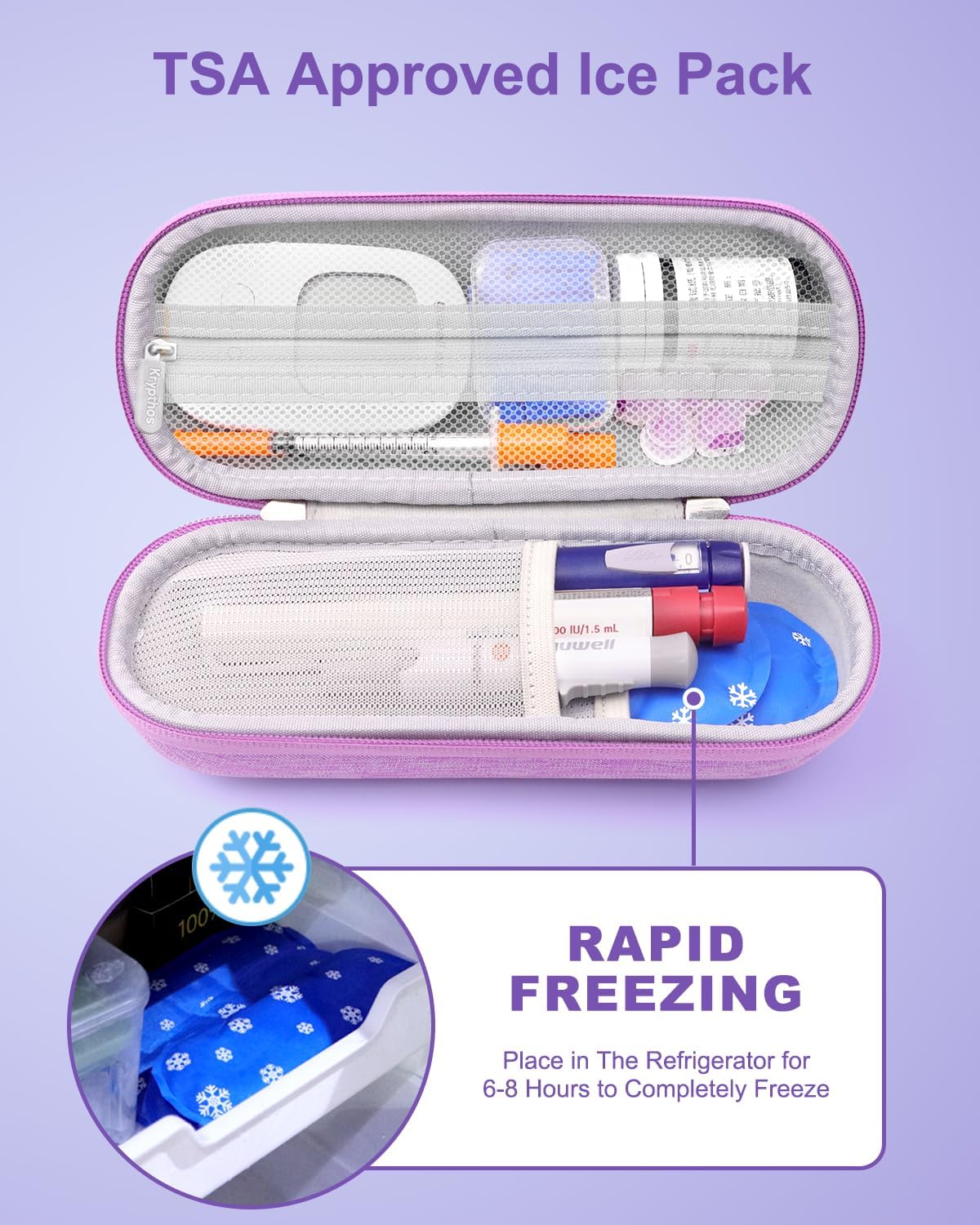 Krypthos Insulin Cooler Travel Case, Diabetes Travel Bag with 2 TSA Approved Ice Packs, Portable Medication Organizer for Diabetic Insulin Pens, Vials & Syringes for Travel & Daily Use (Violet)