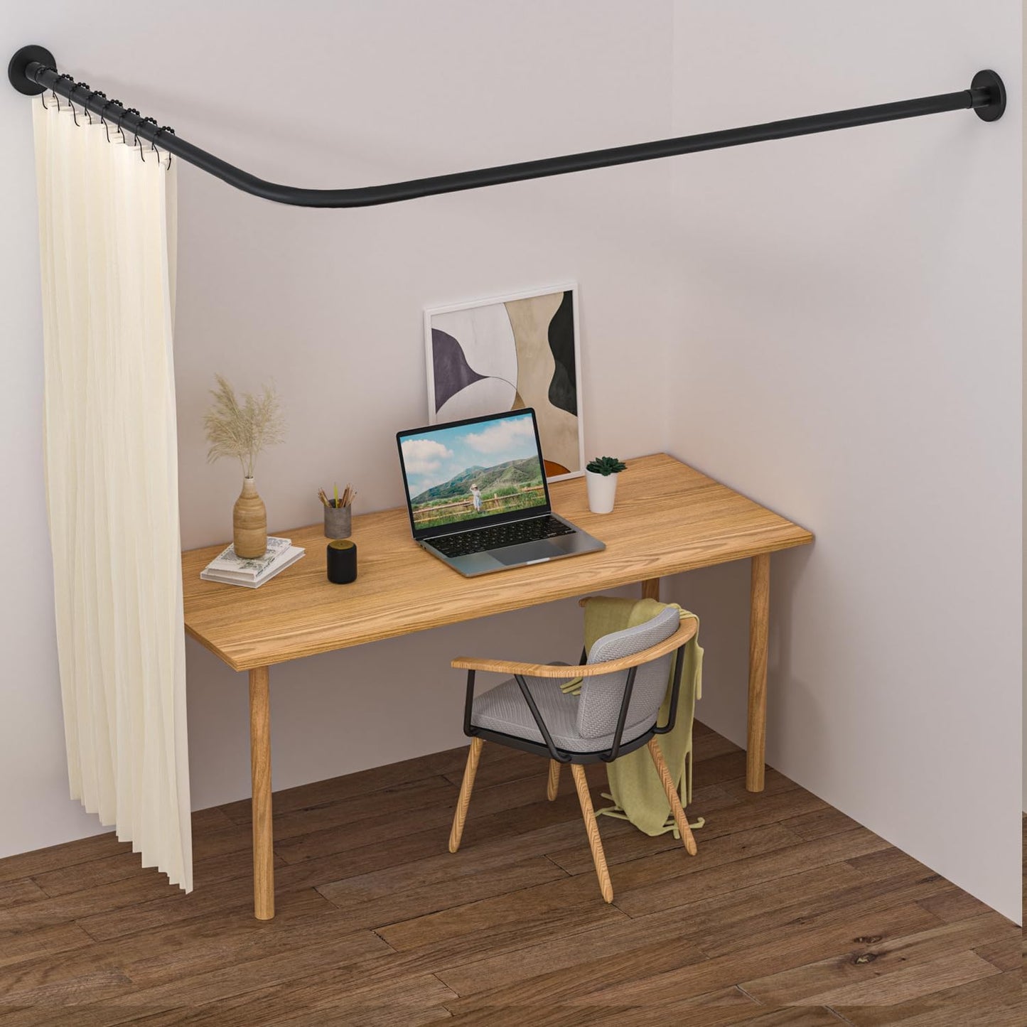 Stretchable 304 Stainless L Shaped Bathroom Bathtub Corner Shower Curtain Rod Rack (Black 24"-69" x 24"-85", Maximum size 114''), Drill Free Install, for Bathroom,Clothing Store,Private space