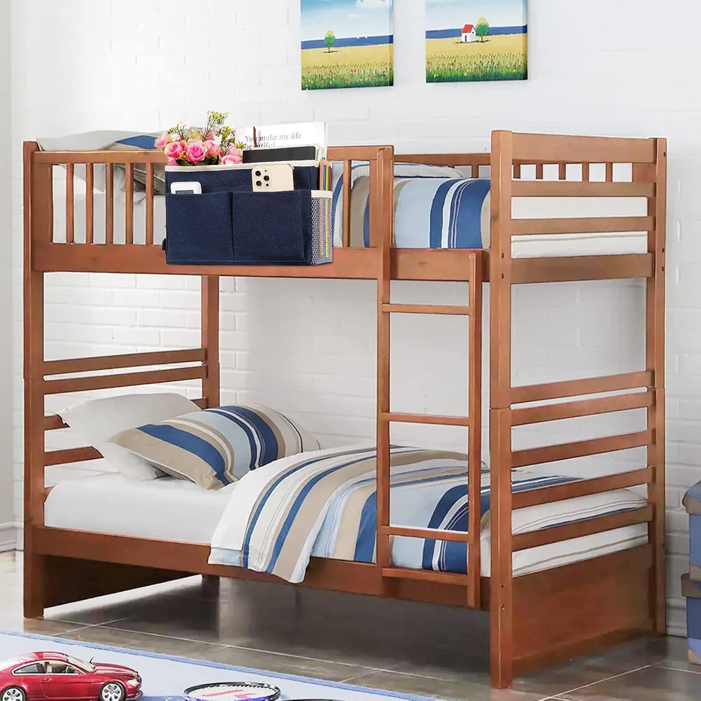 Bedside Caddy Bedside Storage Organizer Hanging Bunk Bed Dorm Room with Side Pockets for Water Bottles, Books, Cell Phones, Headphones (Dark Blue)