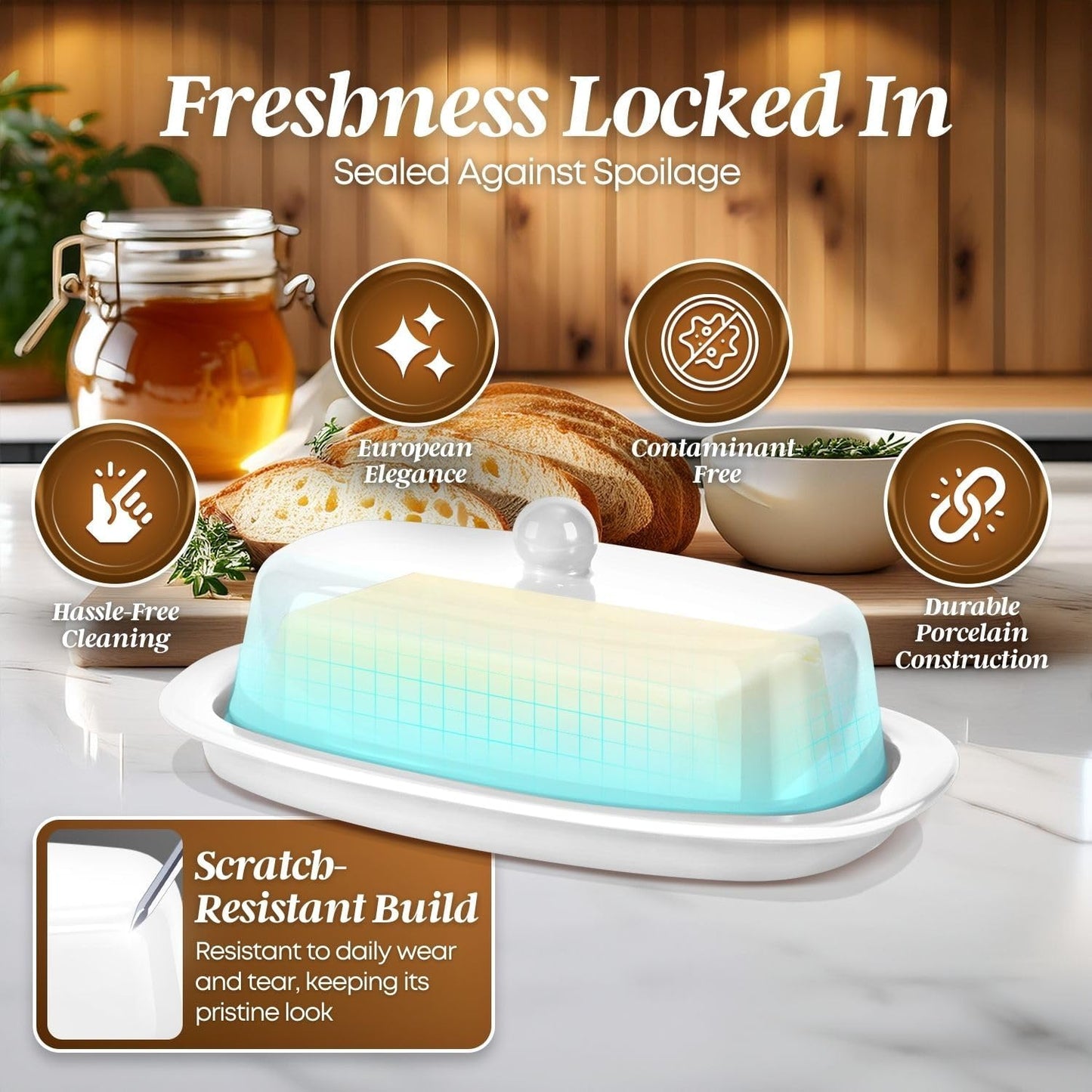 Flexzion Ceramic White European Butter Dish with Lid for Countertop (7 Inch) - 1 Stick Butter Holder for Counter, Cream Cheese Container Storage Keeper