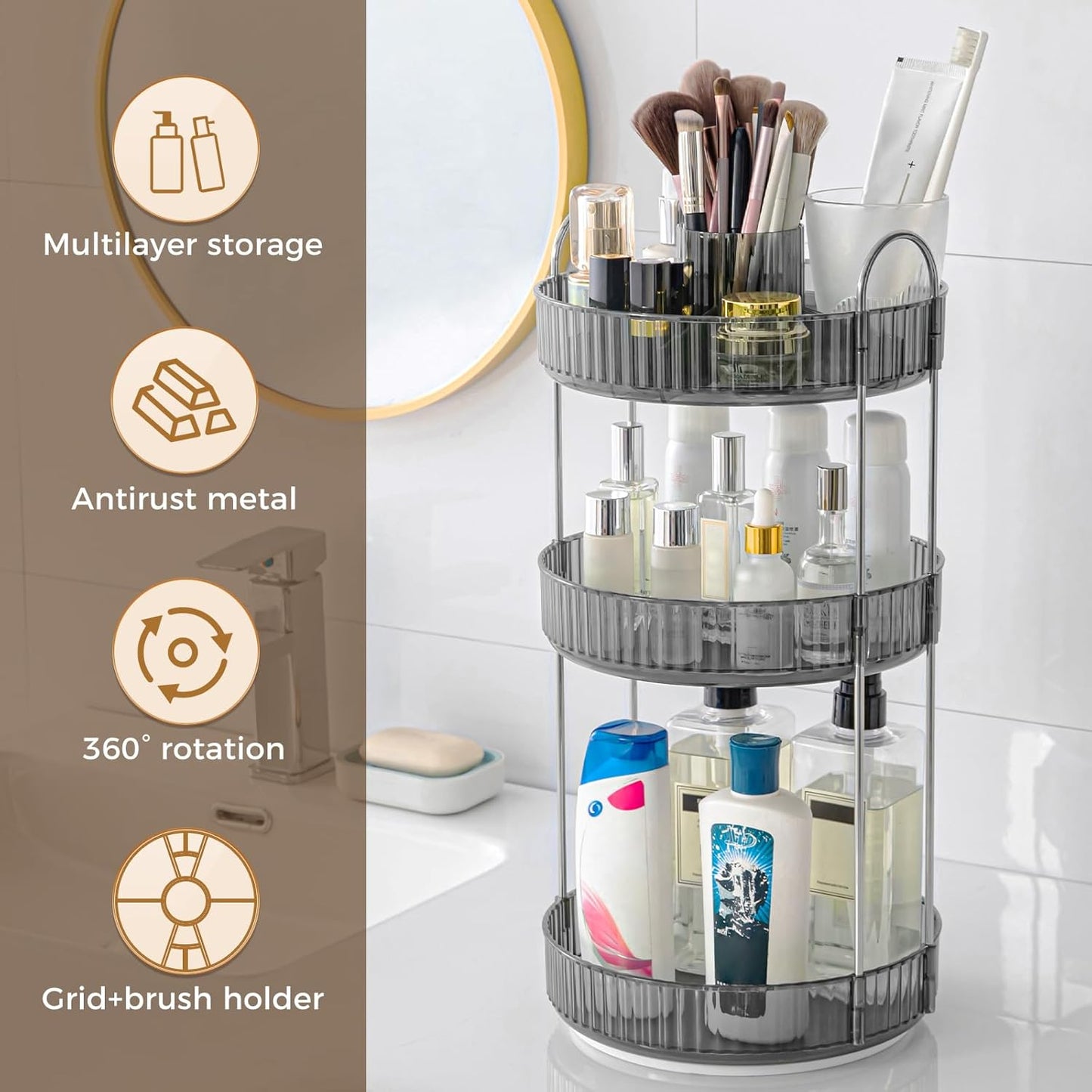 360° Rotating Makeup Organizer, Upgraded 3 Tier Skincare Perfume Organizers for Women, Bathroom Organizer Countertop, Clear Cosmetic Dresser Organizer with Makeup Brush Holder, Sink&Counter(Grey)