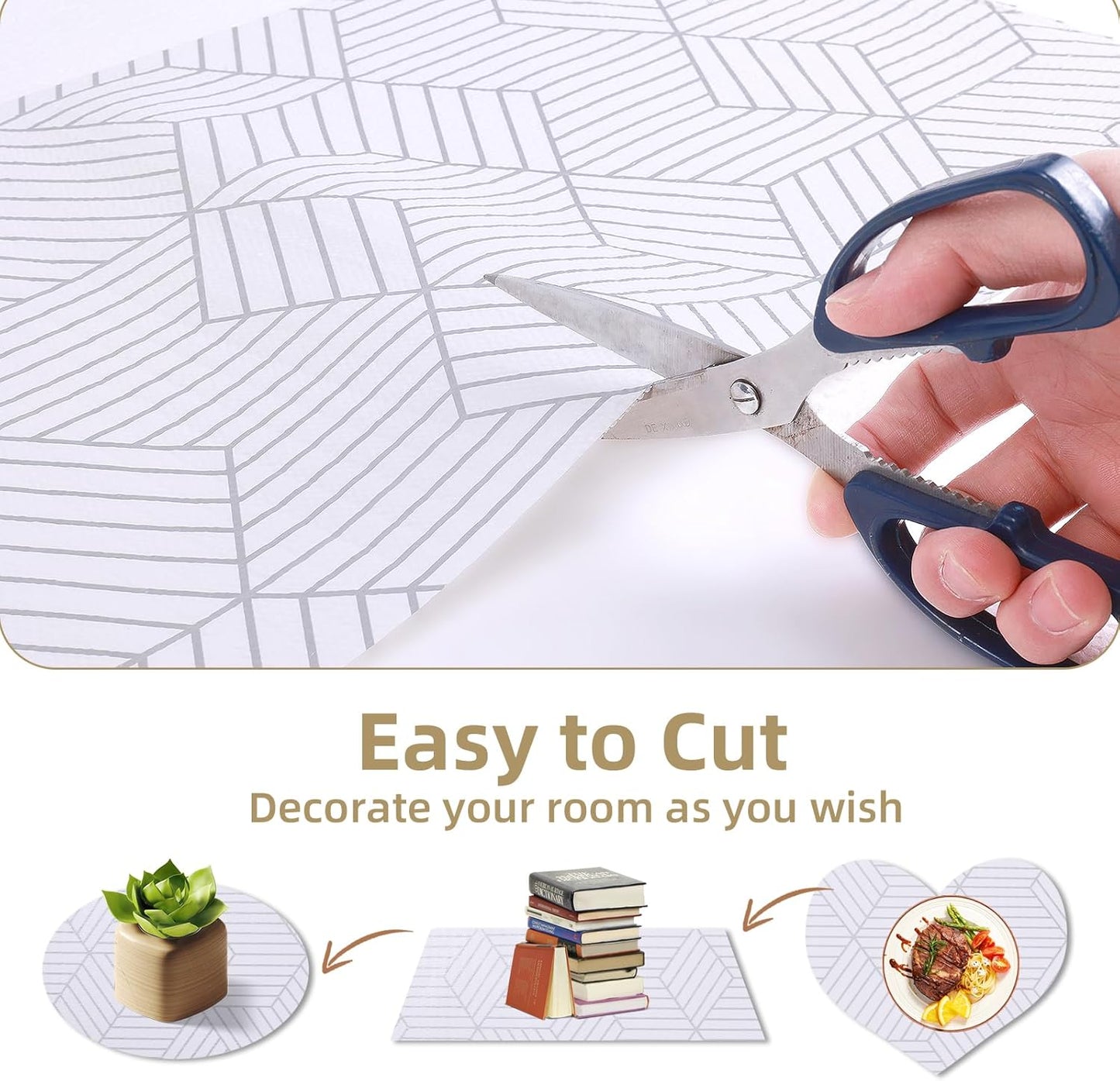 Shelf Liners for Kitchen Cabinets Non Adhesive Shelf Liner Paper Non-Slip Thickened Drawer Liner Easy to Clean for Tool Box Refrigerator with Knife and Tape Measure, Silver Geometric, 17.3 x 236.2 in