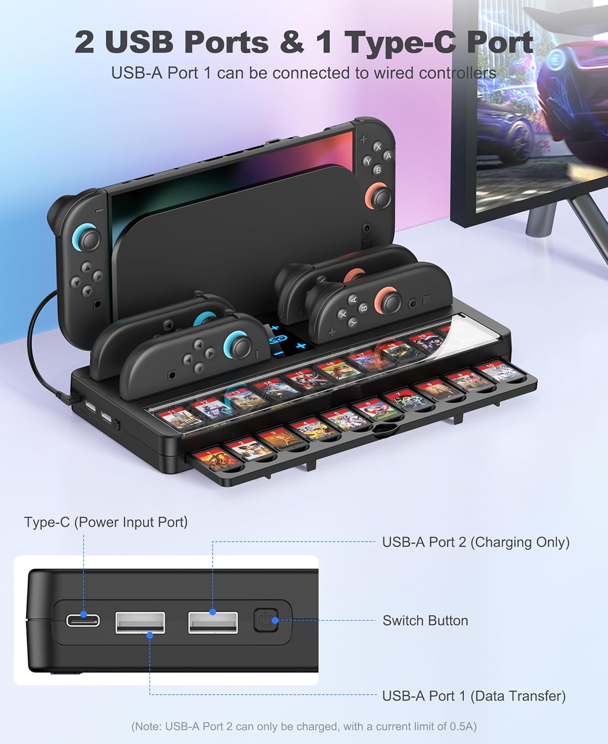 25 Slots Switch 2 Charging Organizer Joycon 2 Controller Storage Compatible with Nintendo 2 Accessories w Extended USB C Cable & LED Indicator (M-Charging Organizer w Joystick Covers)