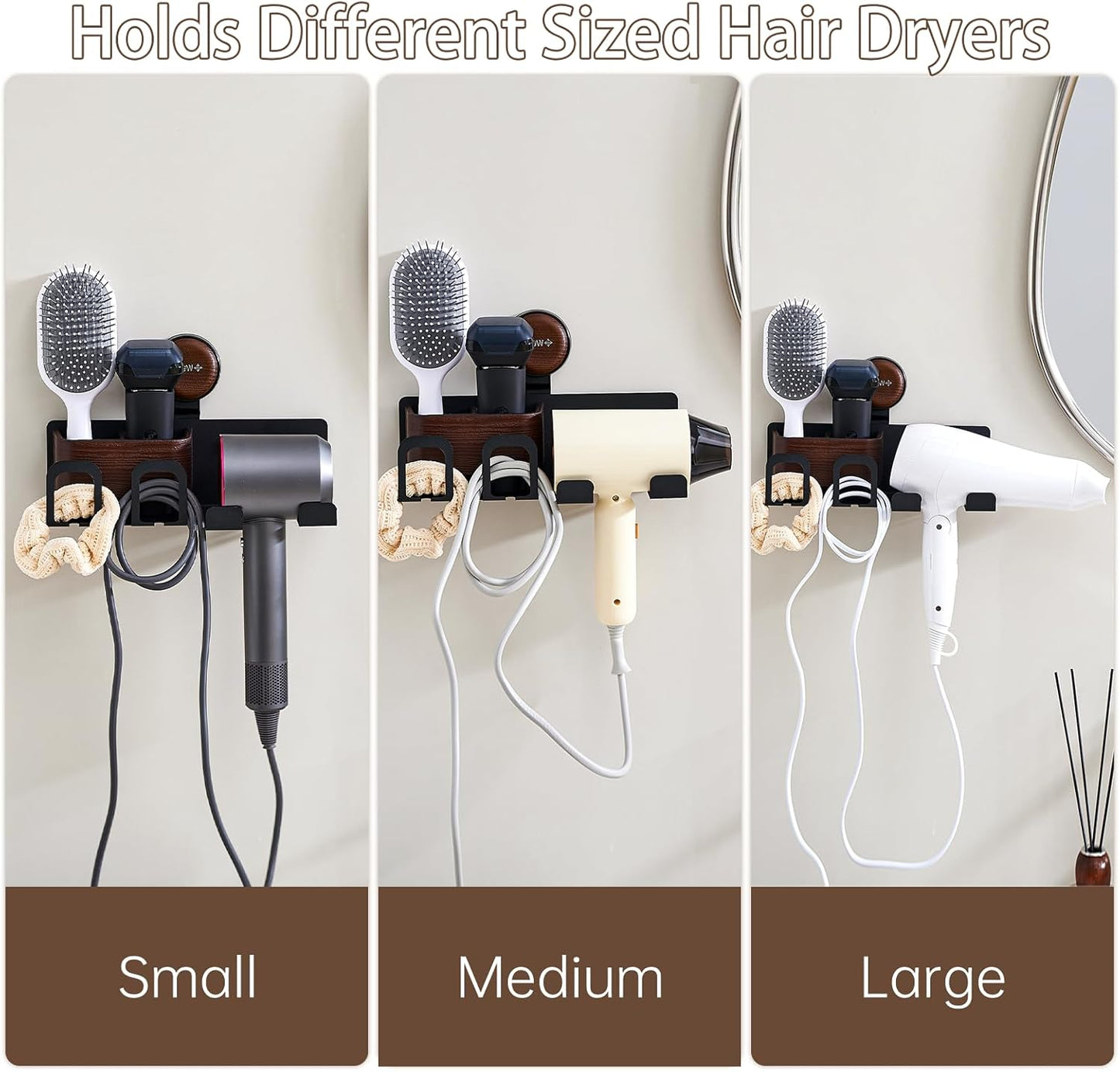 Hair Dryer Holder Wall Mount with Suction Cup, No-Drill Metal Blow Dryer Holder, Hair Accessories Tools Organizer Rack with 3 Toothbrush Hanger & Shelf, Walnut Finish for Bathroom