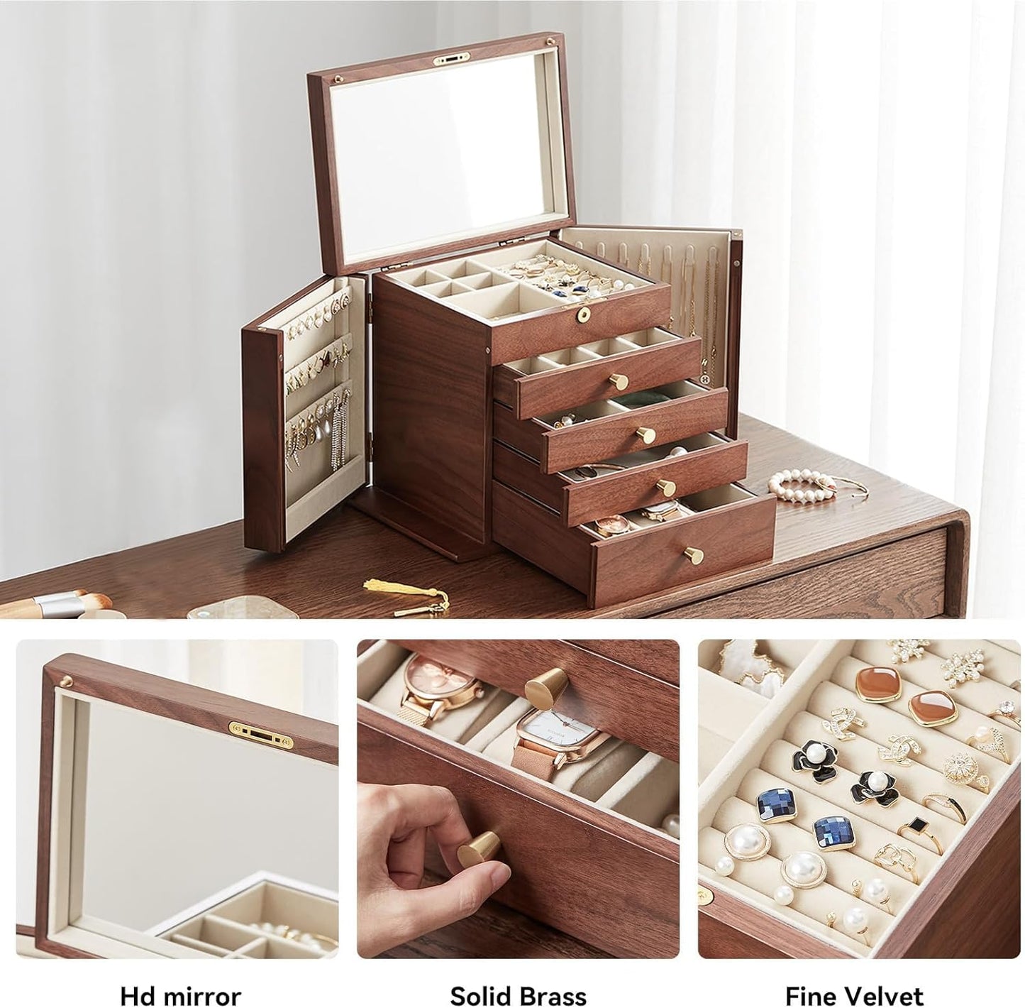 Black Walnut Wooden Jewelry Box, Wood Jewelry Organizer with 2 Side Doors Mirror Lockable Classical Style for Watch Necklace Ring Earring Storage Christmas Gifts-5 Layer