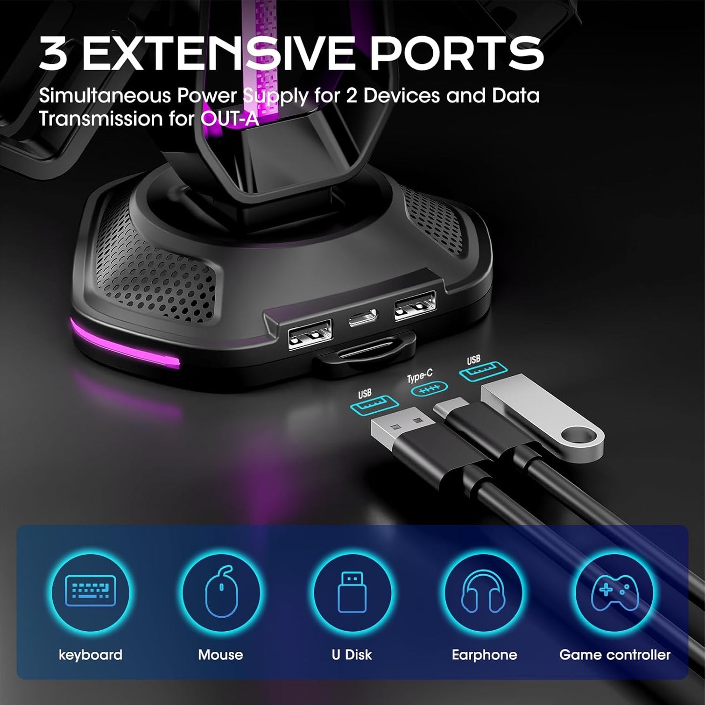 Saitake RGB Controller Holder with 9 Light Modes,Controller Stand with 2 USB Ports,Headset Stand for Desk-Headphone Holder Suitable for All Headphones and Controllers