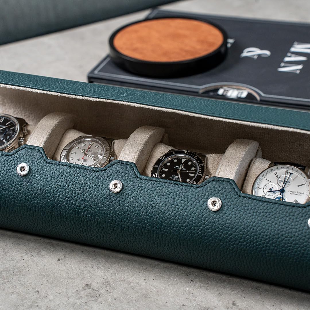 DailyWatch | Watch Roll Travel Case For 4 Watch | Luxury Watch Case In Genuine Leather With Soft Velvet Interior | Watch Case Protect, Store, & Display Your Watches | Dark Green Litchi
