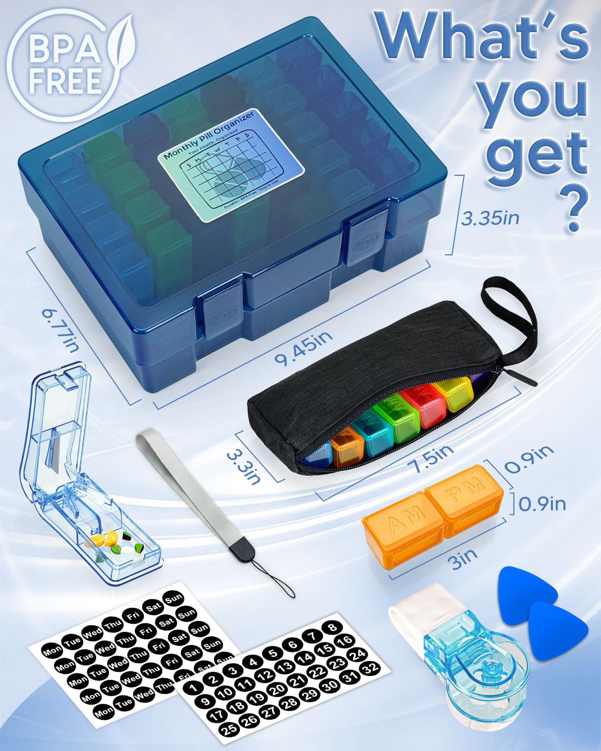 Monthly Pill Organizer 2 Times a Day, FRIWOLE Medicine Box with Portable Weekly Pill Bag, Keychain Pill Case, Pill Cutter and 2 Sticker(Blue, 2 Times a Day)