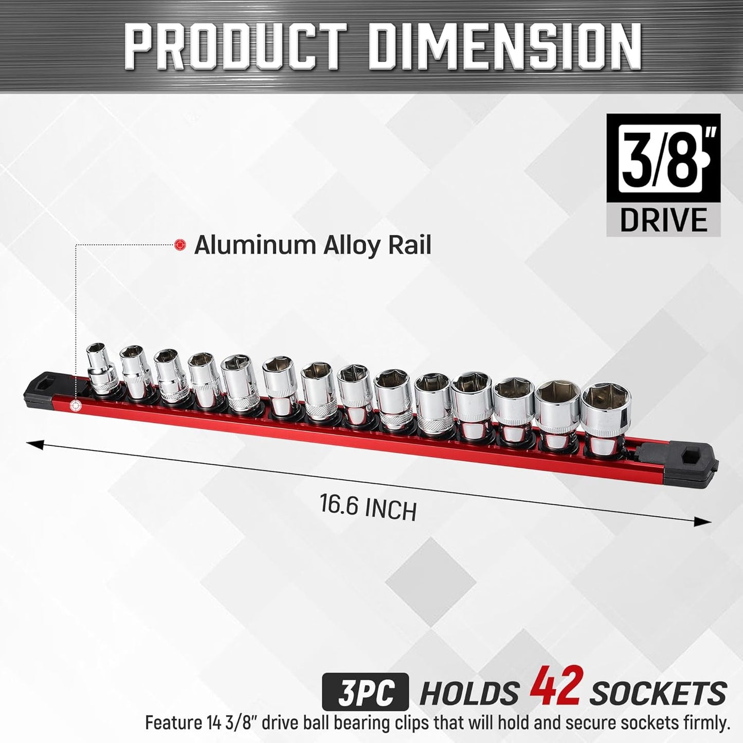 ALOANES 3-Piece Magnetic Tool Organizer, Heavy Duty Aluminum Rails, 360 Swivel Socket Holder Kit with 42 Clips (Red, 3/8-Inch)