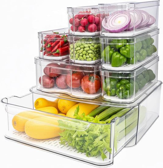 8 Pack Refrigerator Organizers and Storage, Clear Pull-out Drawer Container and Organizer Bins with Lids, Stackable Storage Containers for Fruits, Vegetable (Set of 8 (Include Pull-out Drawer))