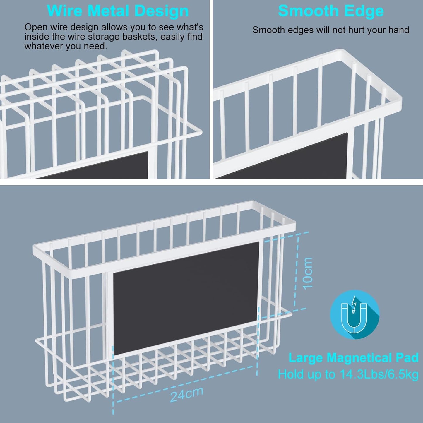 Magnetic Metal Basket Organizers, 2 Pack Large & Small, White, Strong Magnet Hanging Wire Storage Basket, Refrigerator/Whiteboard Classroom/Locker