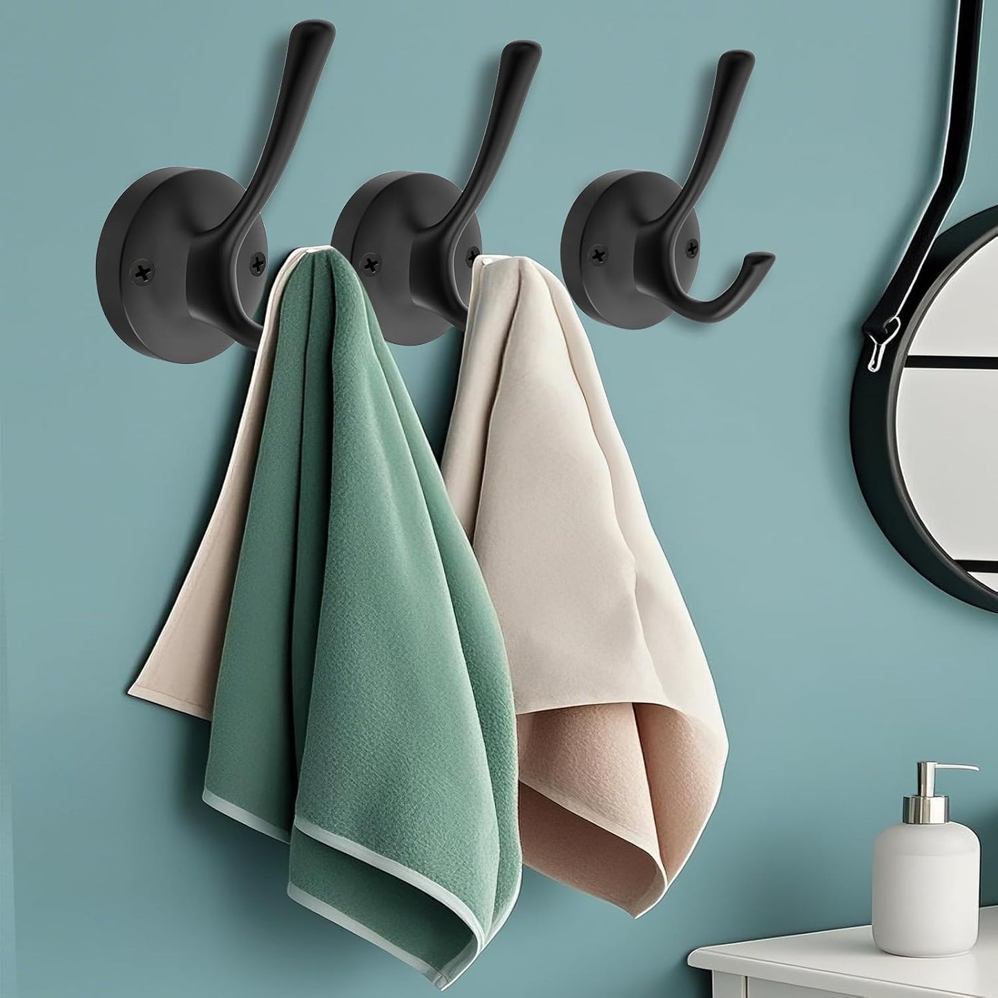 Black Towel Hooks for Wall, 5 Pack Coat Robe Hook Heavy Duty Metal Double Bath Hook Wall Mounted, Hat Hooks for Cubicle Bathroom Kitchen Closet Garage