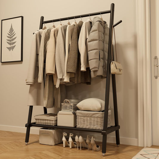 Solid Wood Clothing Rack, Rolling Clothes Rack for Hanging Clothes, Garment Rack with Shelves Load 350 Lbs, Portable Closet Organizer on Wheels for Hanging Clothes (Black)