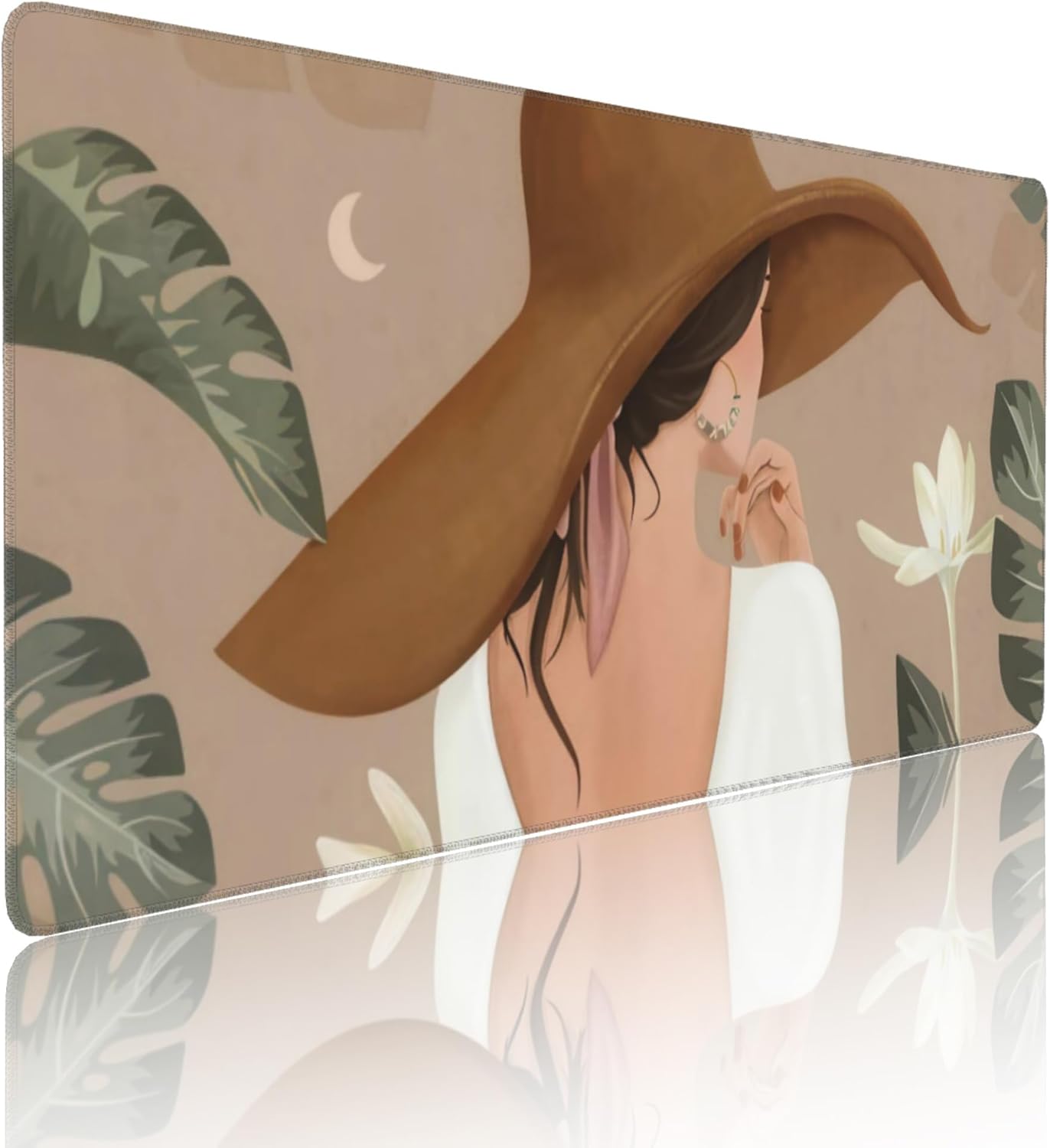 Elegant Lady Tropical Large Mouse Pad, Vintage Aesthetic Gaming Desk Mat, XXL Keyboard Desk Pad Mat for Desktop, 35.4"x15.7" Non-Slip Base Big Mousepad with Stitched Edges