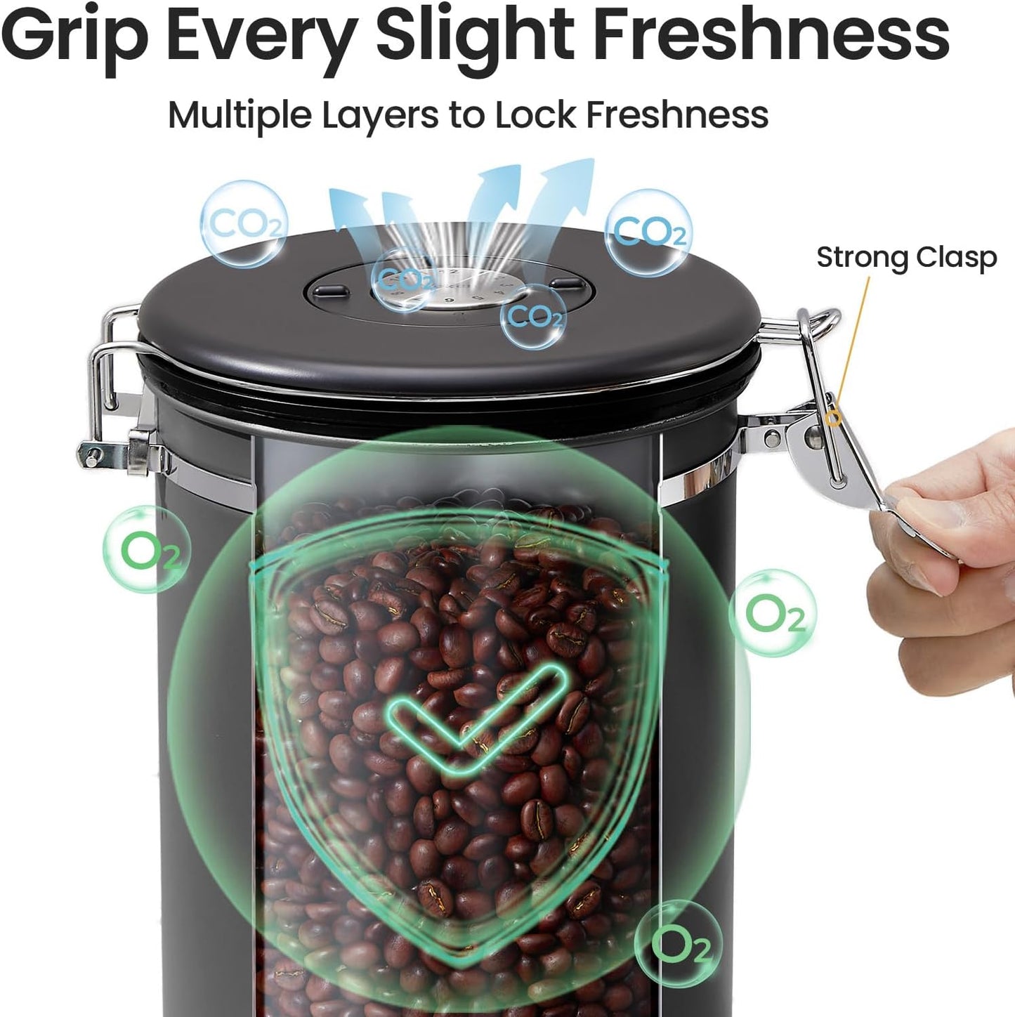 Veken Coffee Canister, 39OZ Large Christmas Coffee Lovers Gift Basket Set,Airtight Stainless Steel Food Storage Kitchen Container Gifts for 2.2lbs Beans, Ground, Sugar, Tea, Flour, Cereal,Scoop,Black