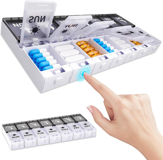 Push Button Weekly Pill Organizer 2 Times a Day, Medicine Pill Organizer, Pill Box Case 7 Day AM PM BPA-Free, Pill Container for Vitamins, Fish Oil, Supplements Medication (Black & White)