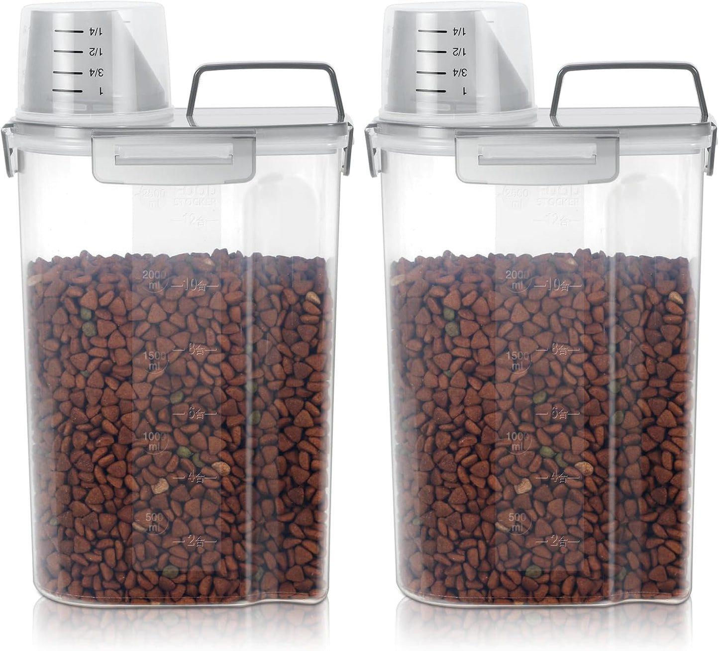 3-5Lbs Airtight Small Cat Dog Pet Food Storage Containers BPA Free, with Large Pour Spout/1 Measuring Cup/ 4 Safety Locks and Double-layer Silicone Strip (Clear Grey 2Pack)