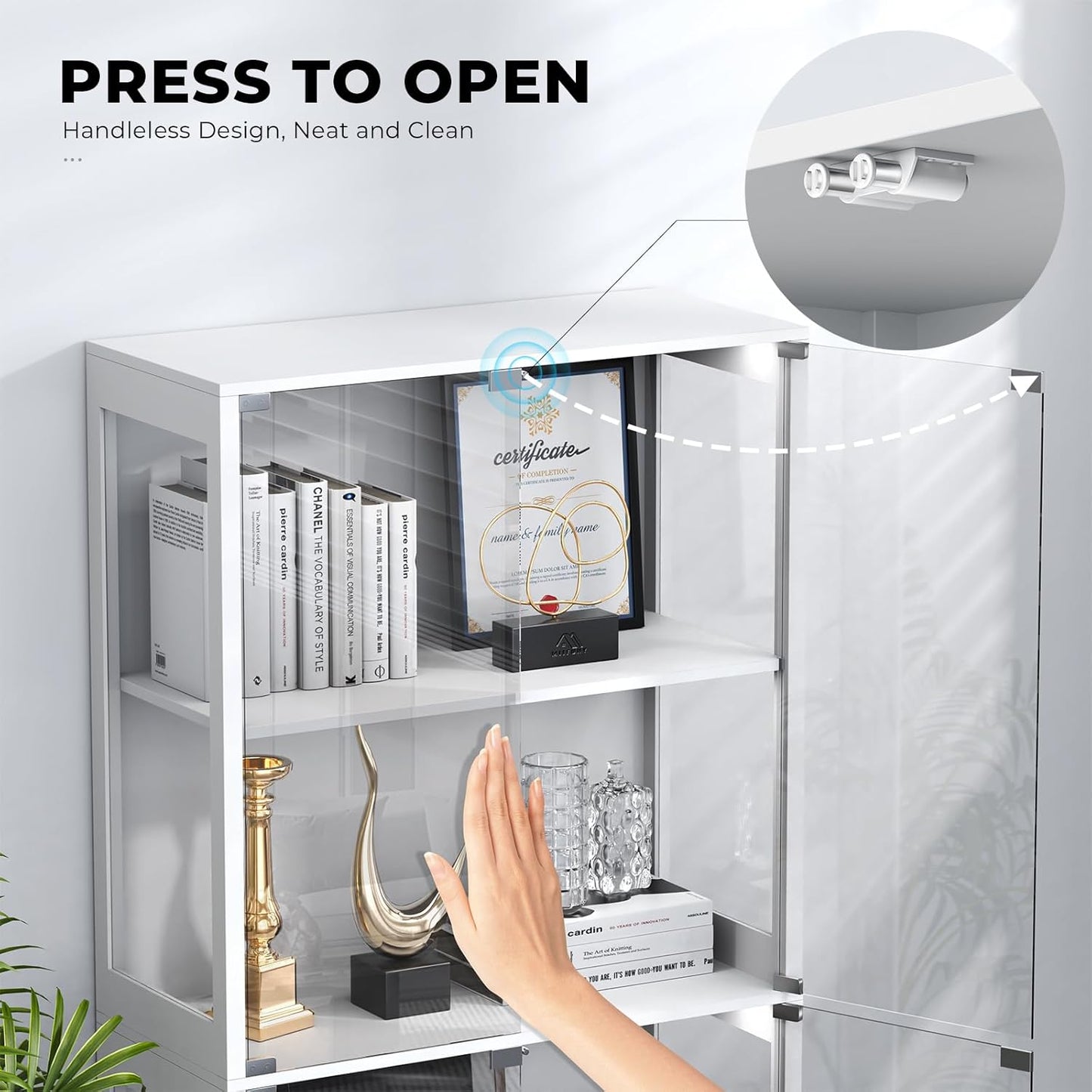 Display Cabinet with Glass Doors, 4-Tier Curio Cabinet with 3 Color Lights for Collectibles, Glass Display Case with Human Body Sensor, Bookcase with 4 Shelves, Storage Cabinets, White