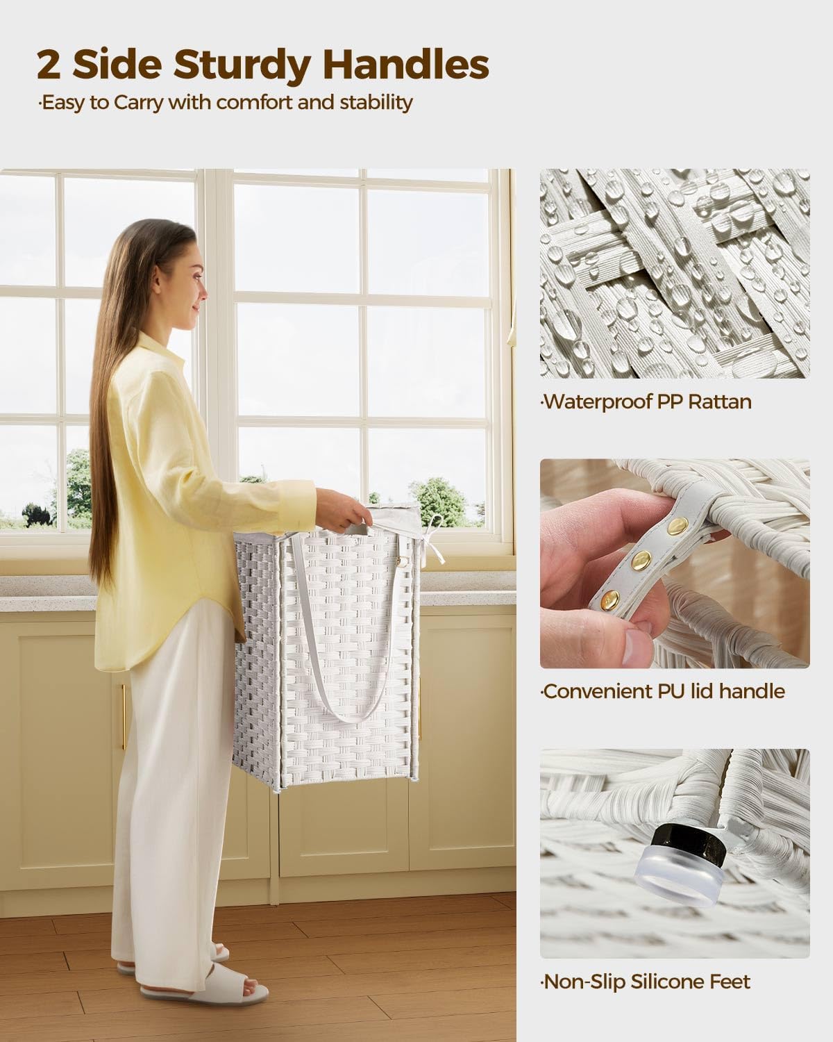 Greenstell Laundry Hamper with Wheels, No Install Needed, 110L Divided Handwoven Hampers & 2 Removable Liner Bags, Rattan Clothes Laundry Basket with Lid & Handles, Foldable Hampers White