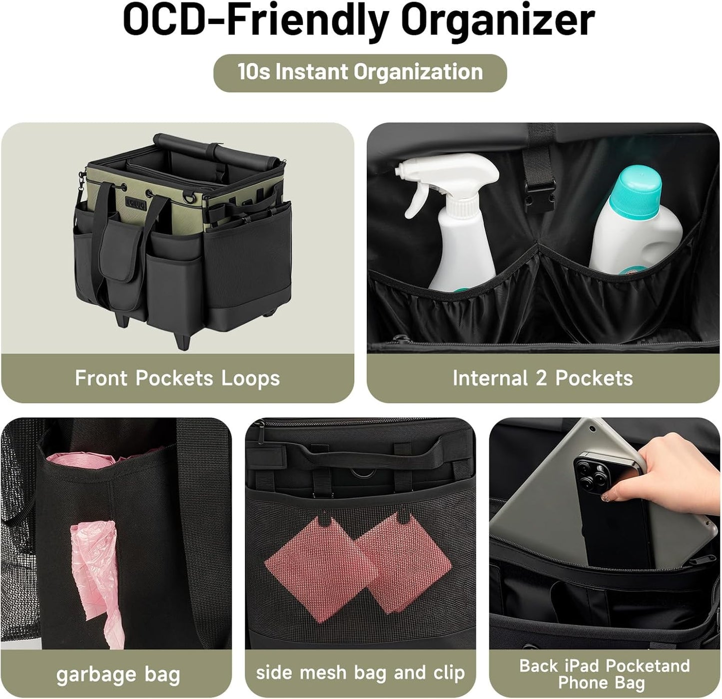 Large Cleaning Caddy for Cleaning Supplies Organizer, Rolling Cleaning Caddy Bags with Wheels for Housekeepers, Cleaning Carts on Wheels for Home Car Office Picnic